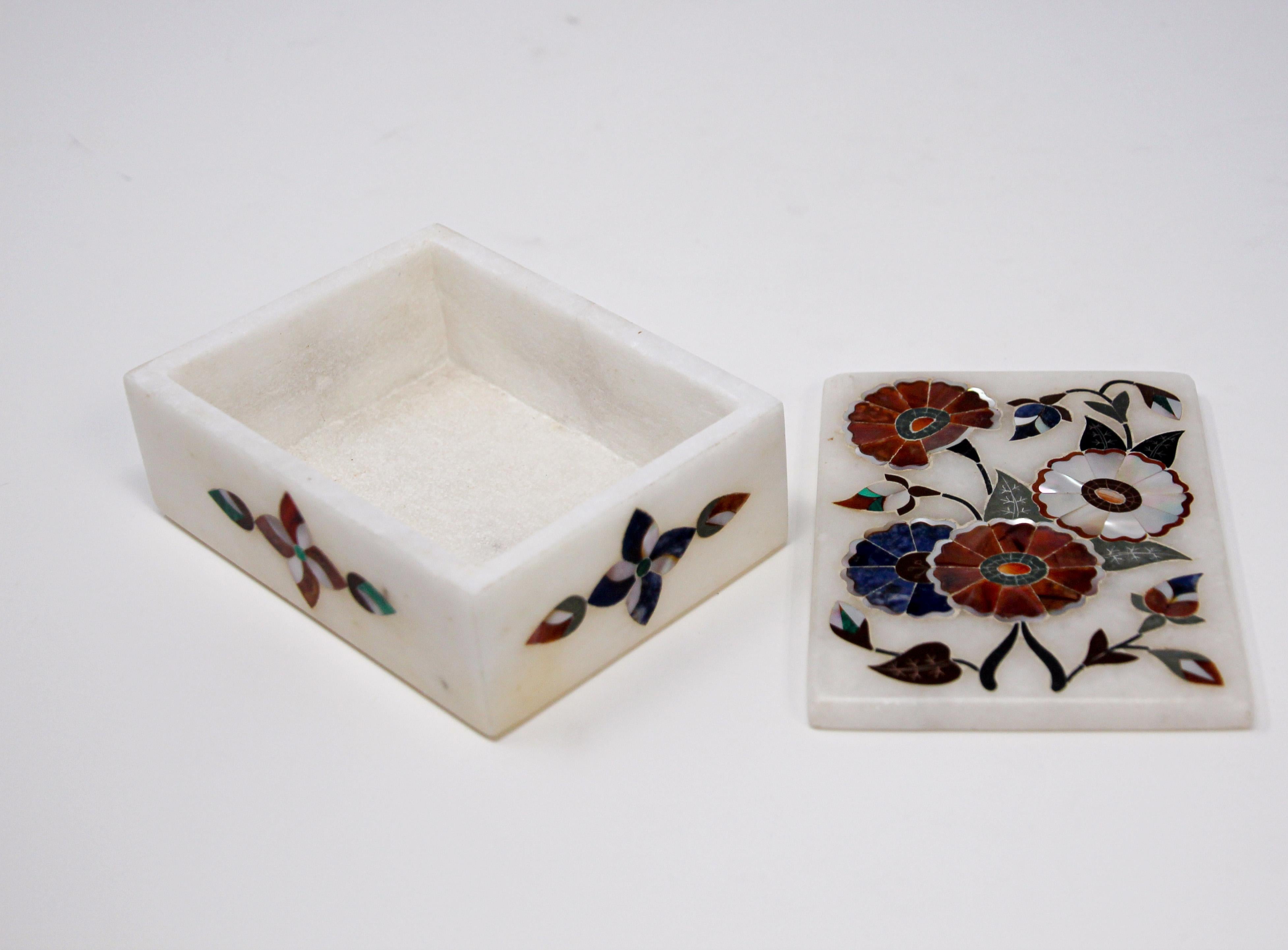 White Rajasthani Marble Inlay Trinket Box Pietra Dura 8