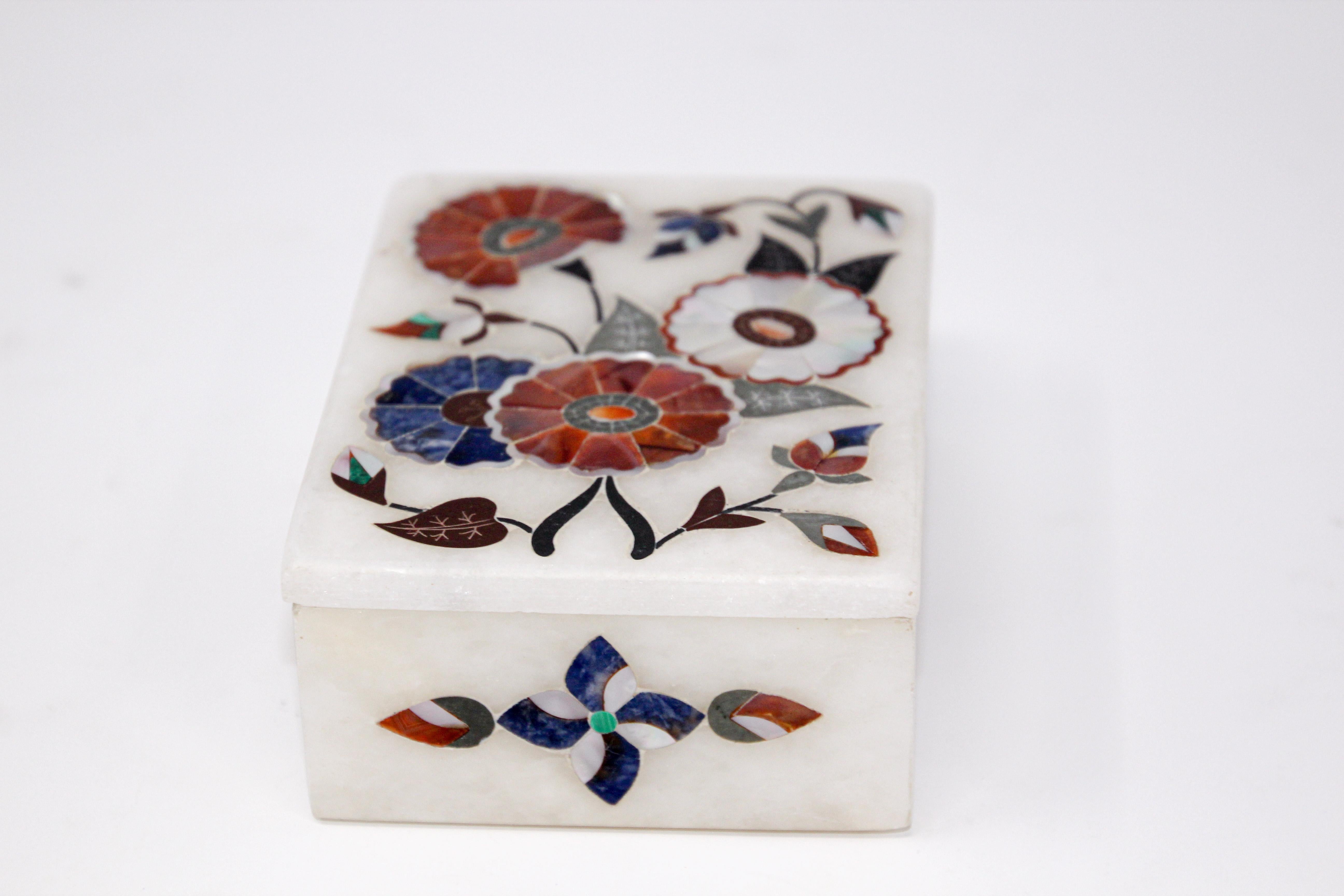 Anglo Raj White Rajasthani Marble Inlay Trinket Box Pietra Dura