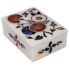Vintage White Rajasthani Marble Inlay Trinket Box Pietra Dura