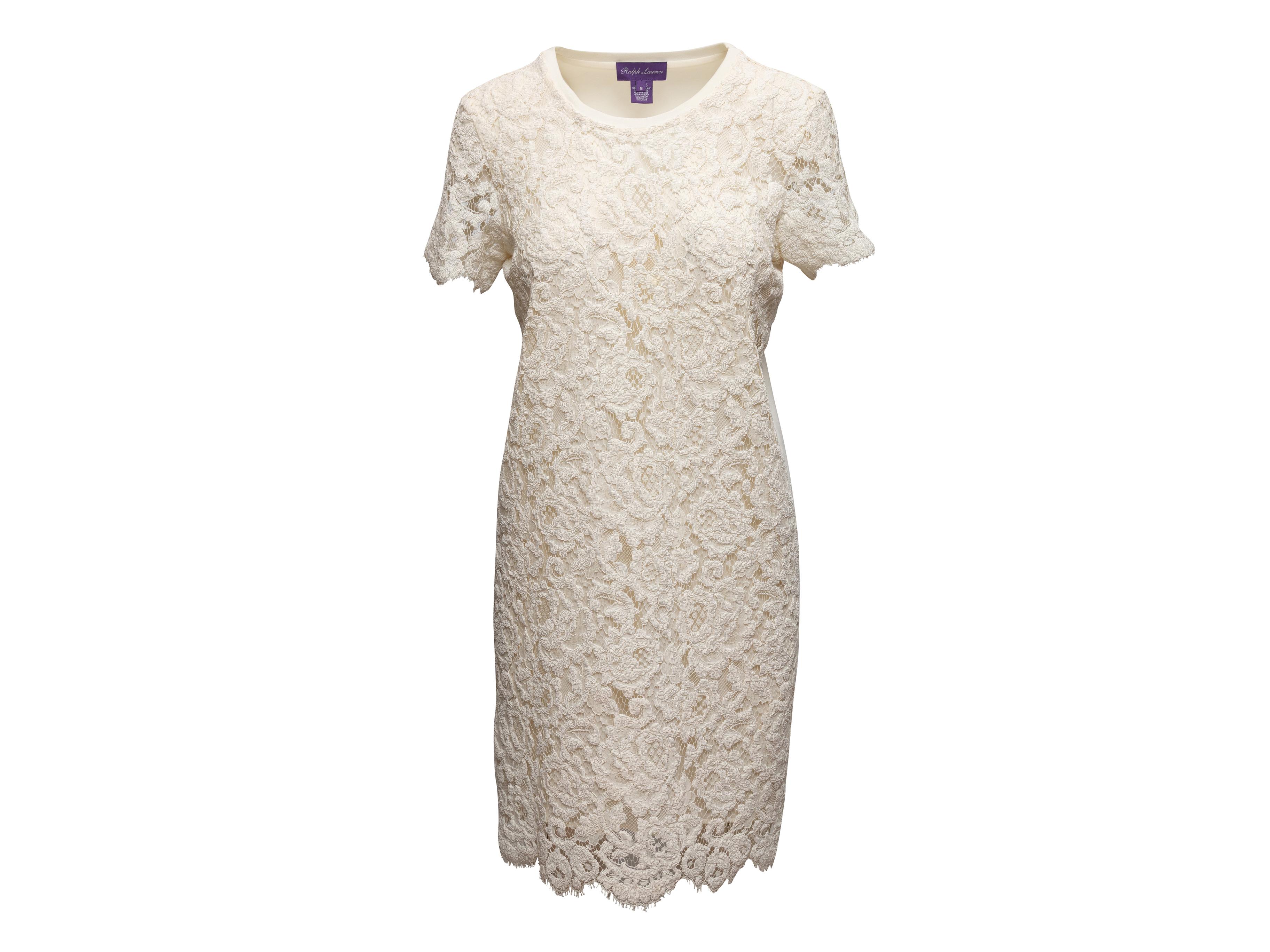 Weißes kurzärmeliges Spitzenkleid von Ralph Lauren Purple Label. Rundhalsausschnitt. 33