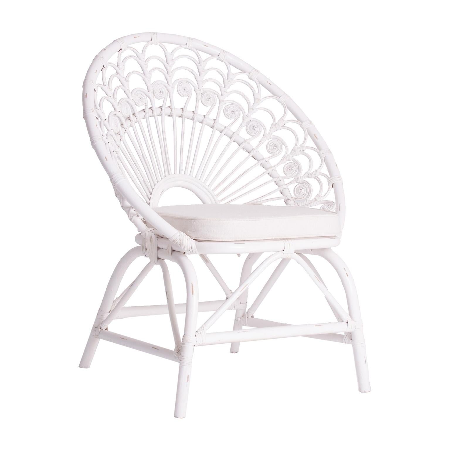 European White Rattan and Wicker Peacock Armchair For Sale