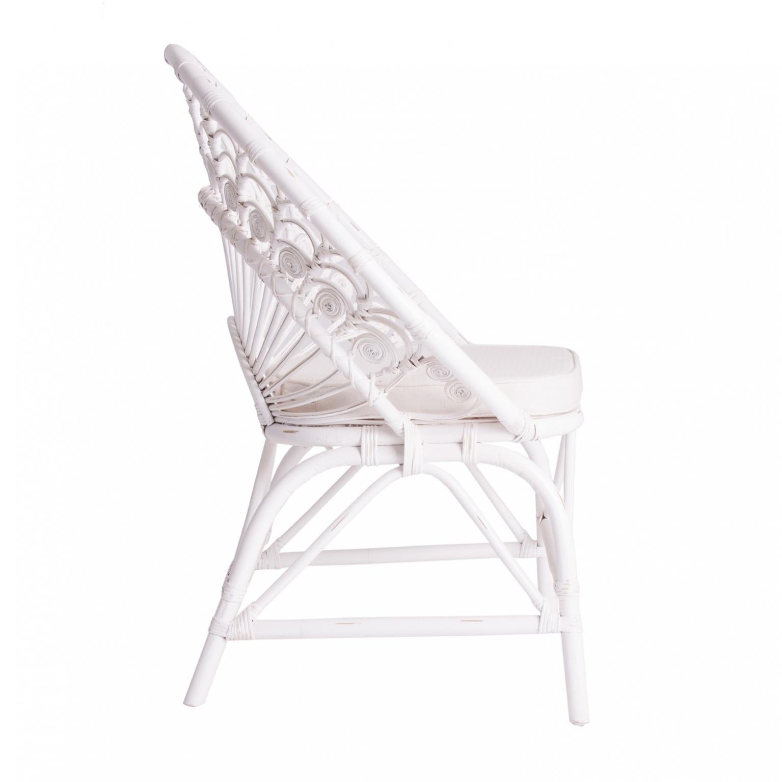 Romantic White Rattan and Wicker Peacock Armchair For Sale