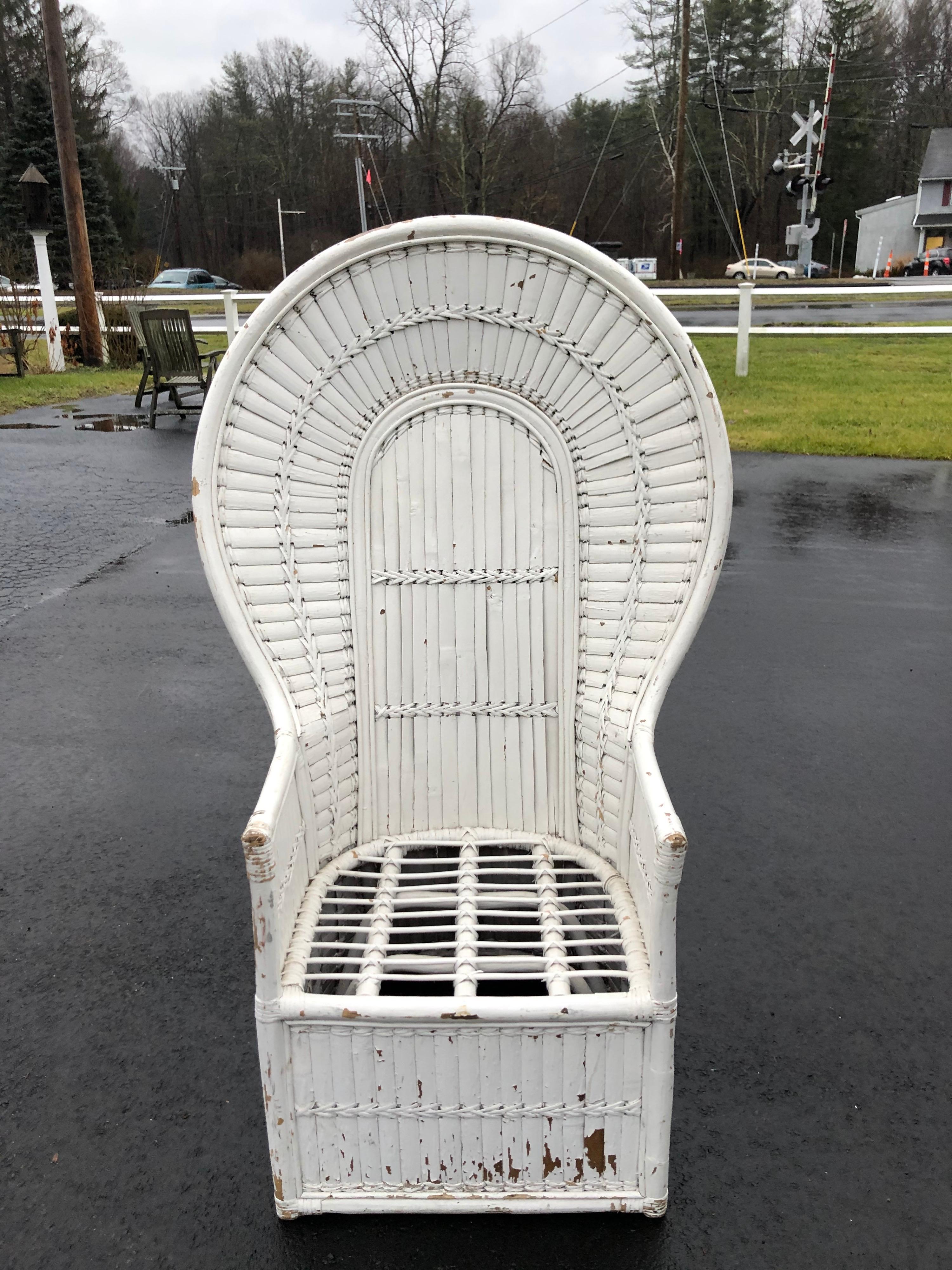 Hollywood Regency White Split Bamboo and Rattan Peacock Chair For Sale