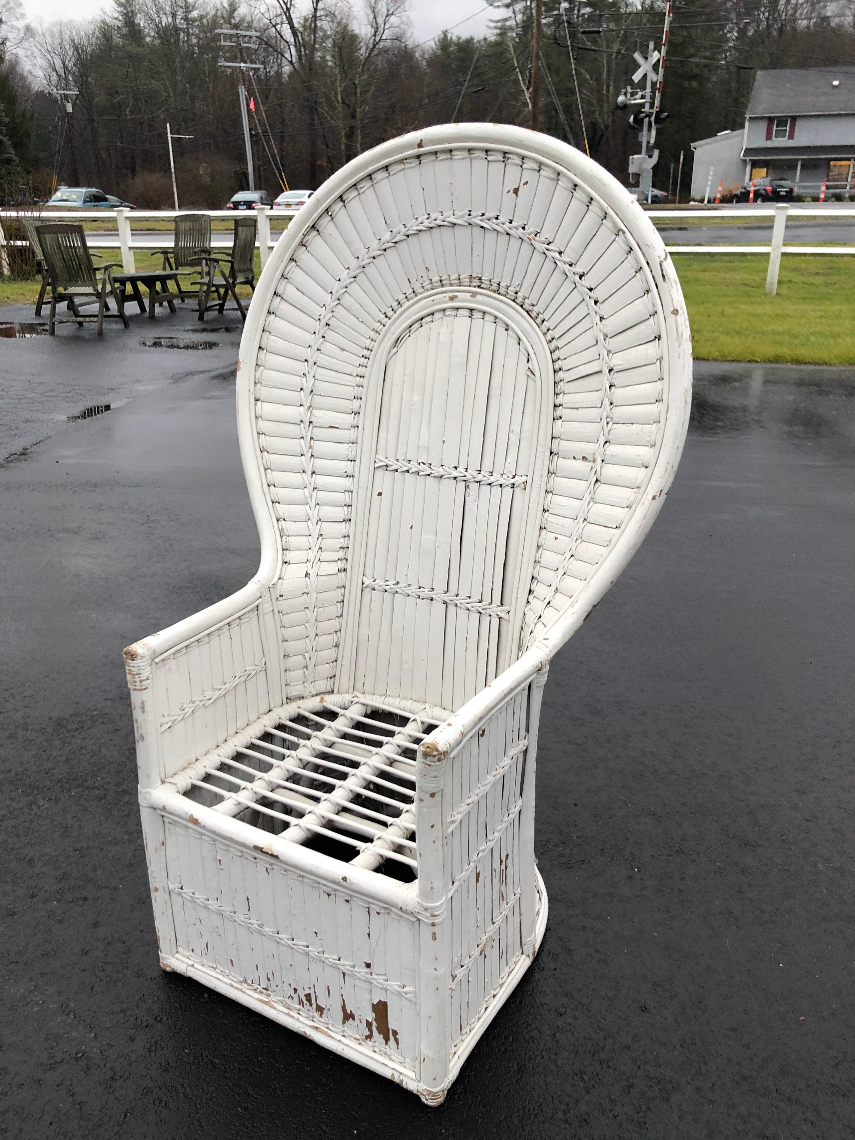 Painted White Split Bamboo and Rattan Peacock Chair For Sale