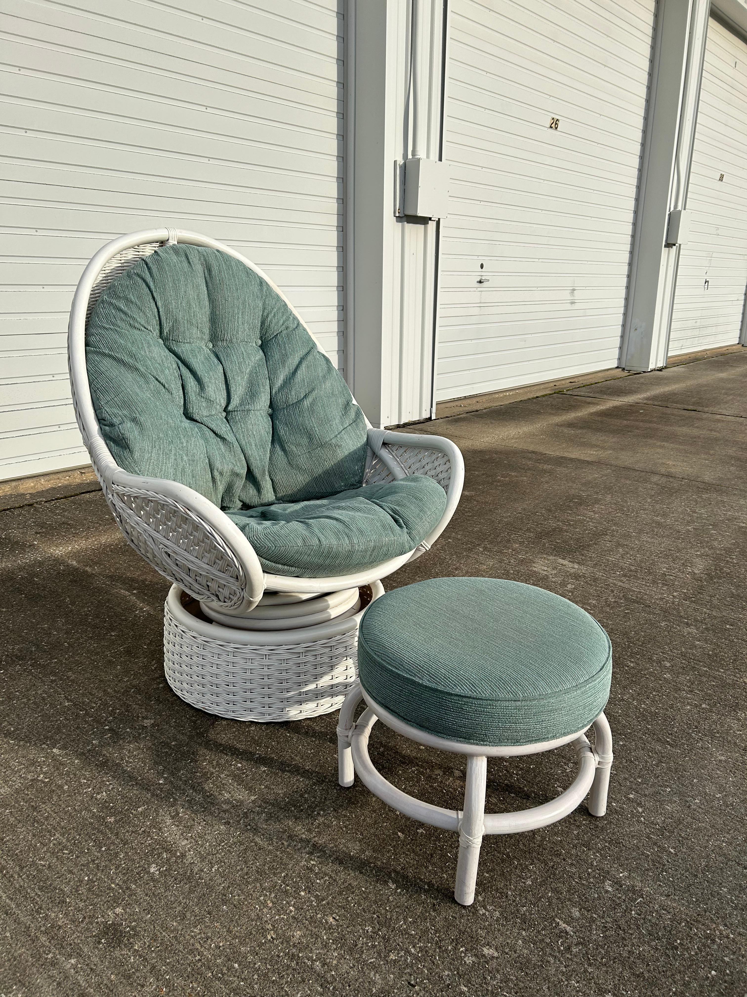 20th Century White Rattan Upholstered Swivel Egg Chair with Ottoman  For Sale