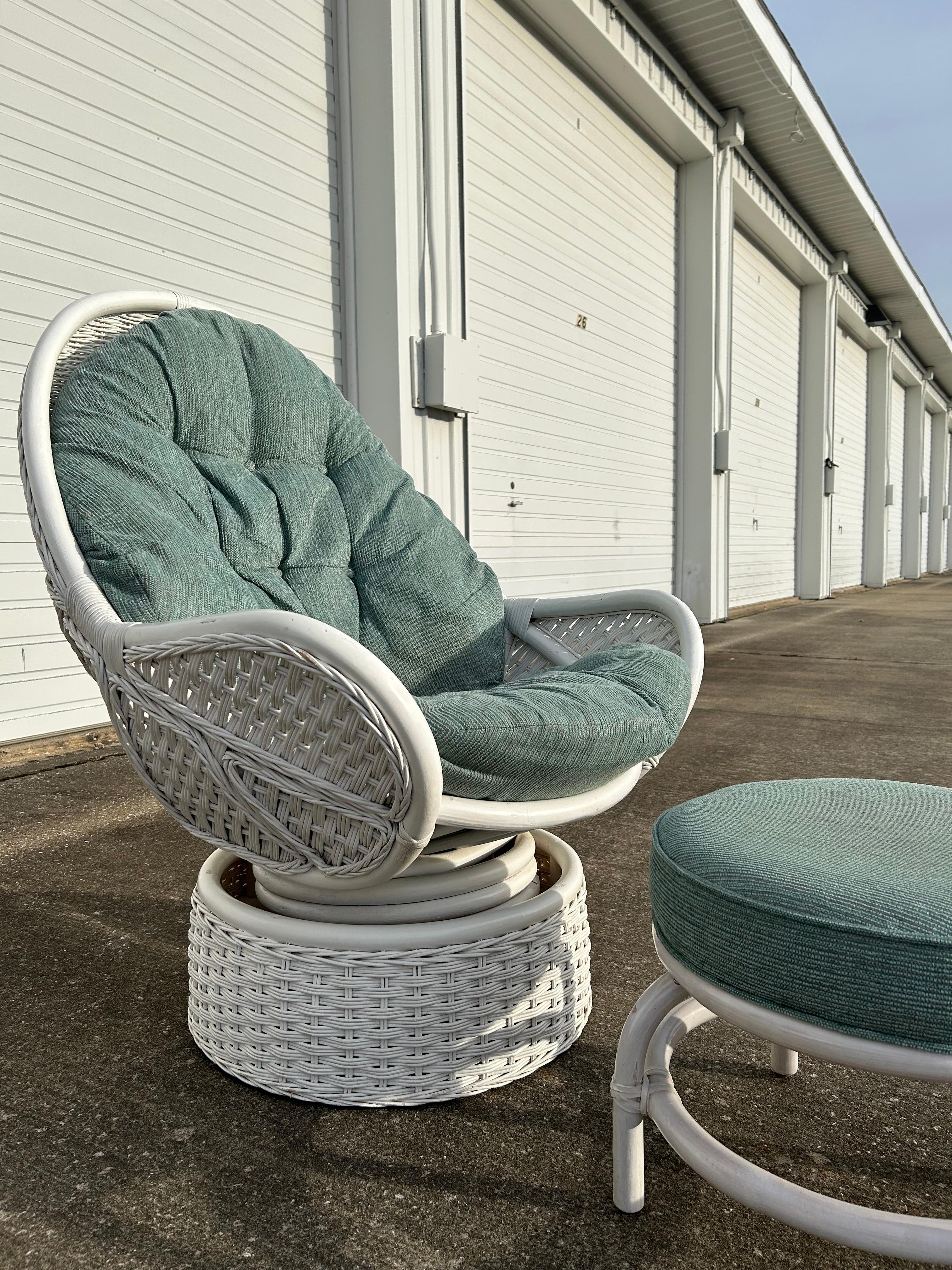 Upholstery White Rattan Upholstered Swivel Egg Chair with Ottoman  For Sale