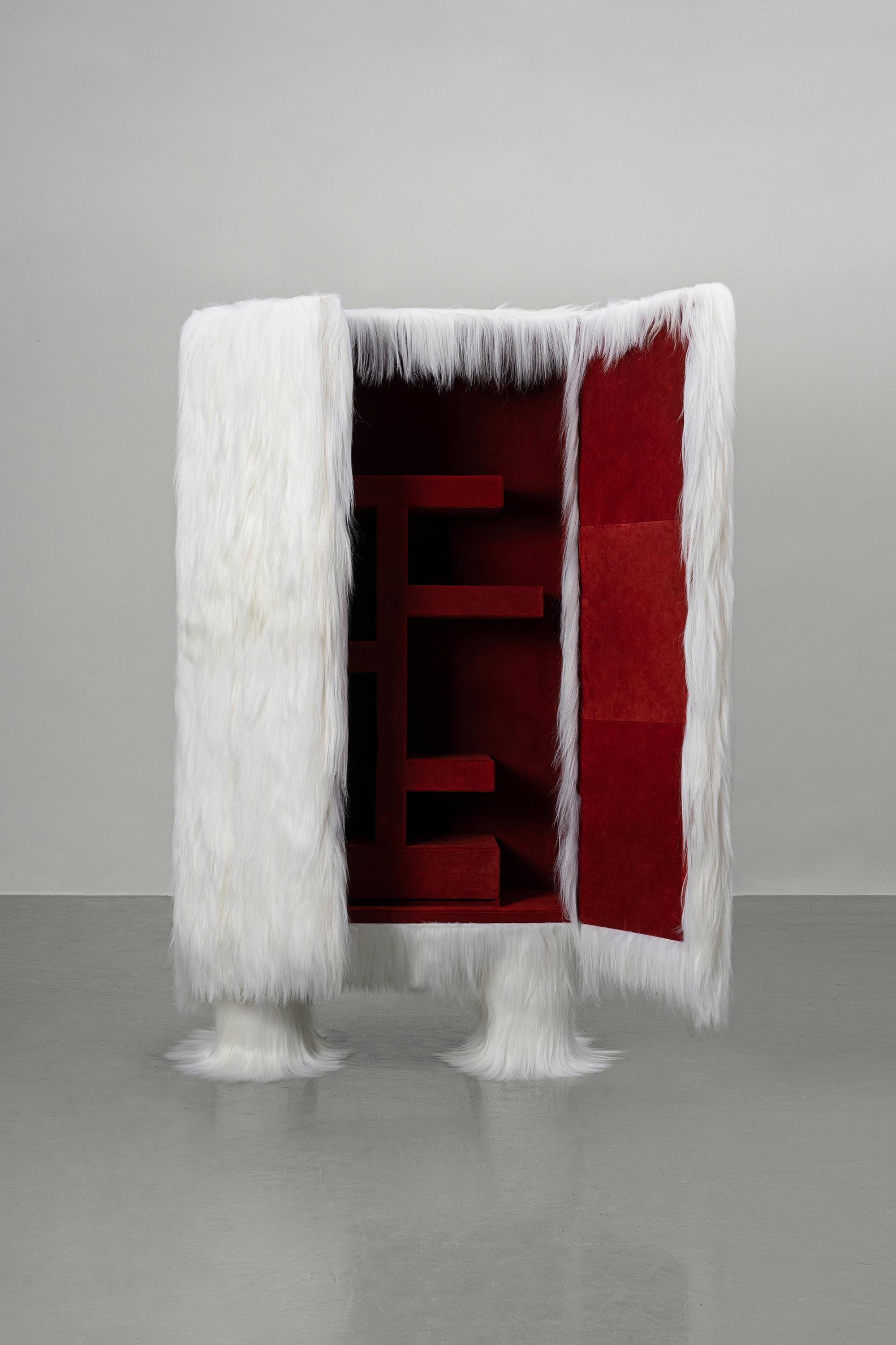 European White Raw Cabinet with Furry Goatskin Offcuts by Atelier V&F For Sale