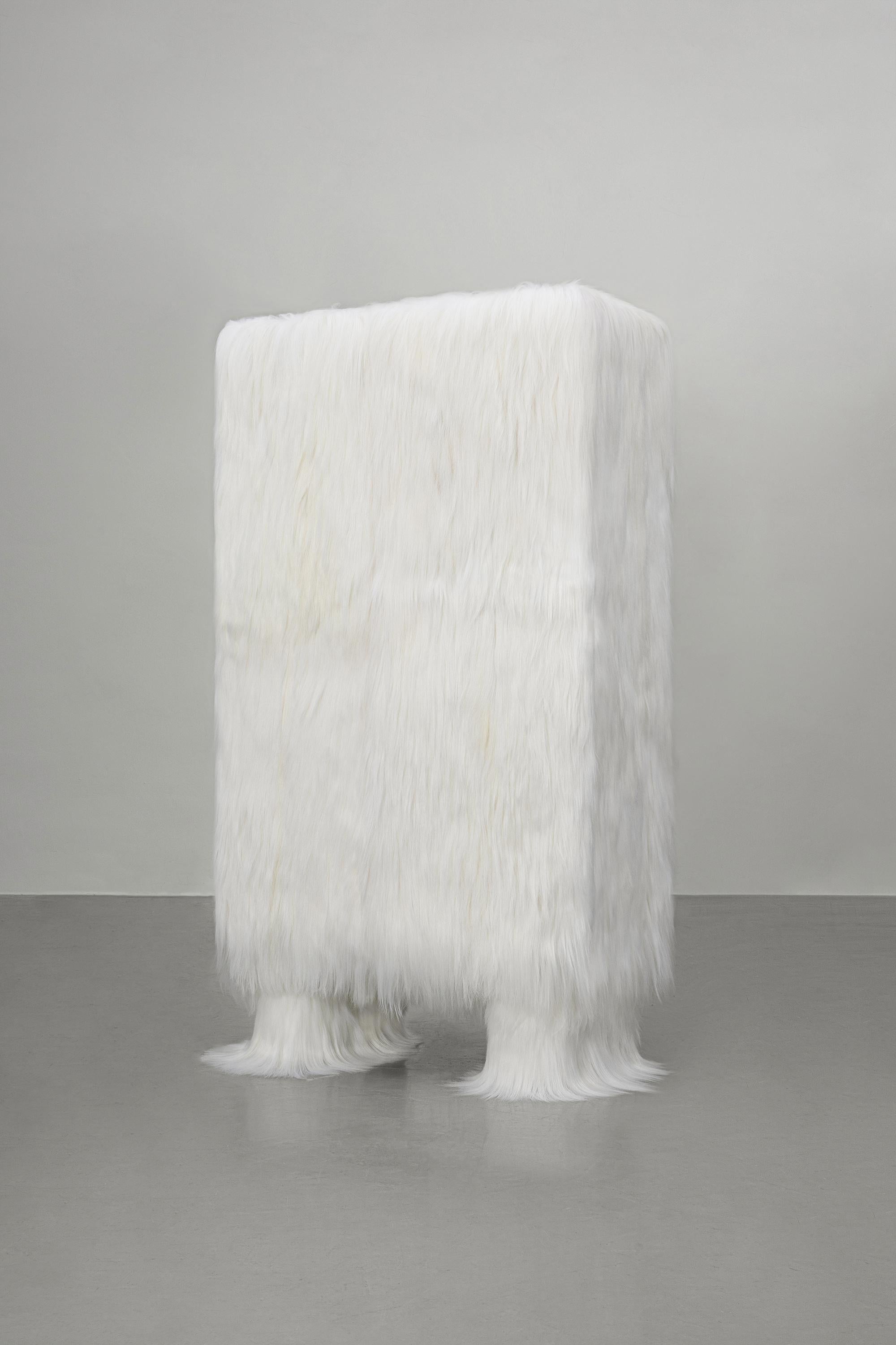 Contemporary White Raw Cabinet with Furry Goatskin Offcuts by Atelier V&F For Sale