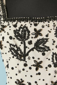 White raw silk cocktail dress with black polka dots and embroideries Circa 1960
