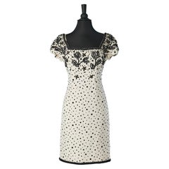 Vintage White raw silk cocktail dress with black polka dots and embroideries Circa 1960