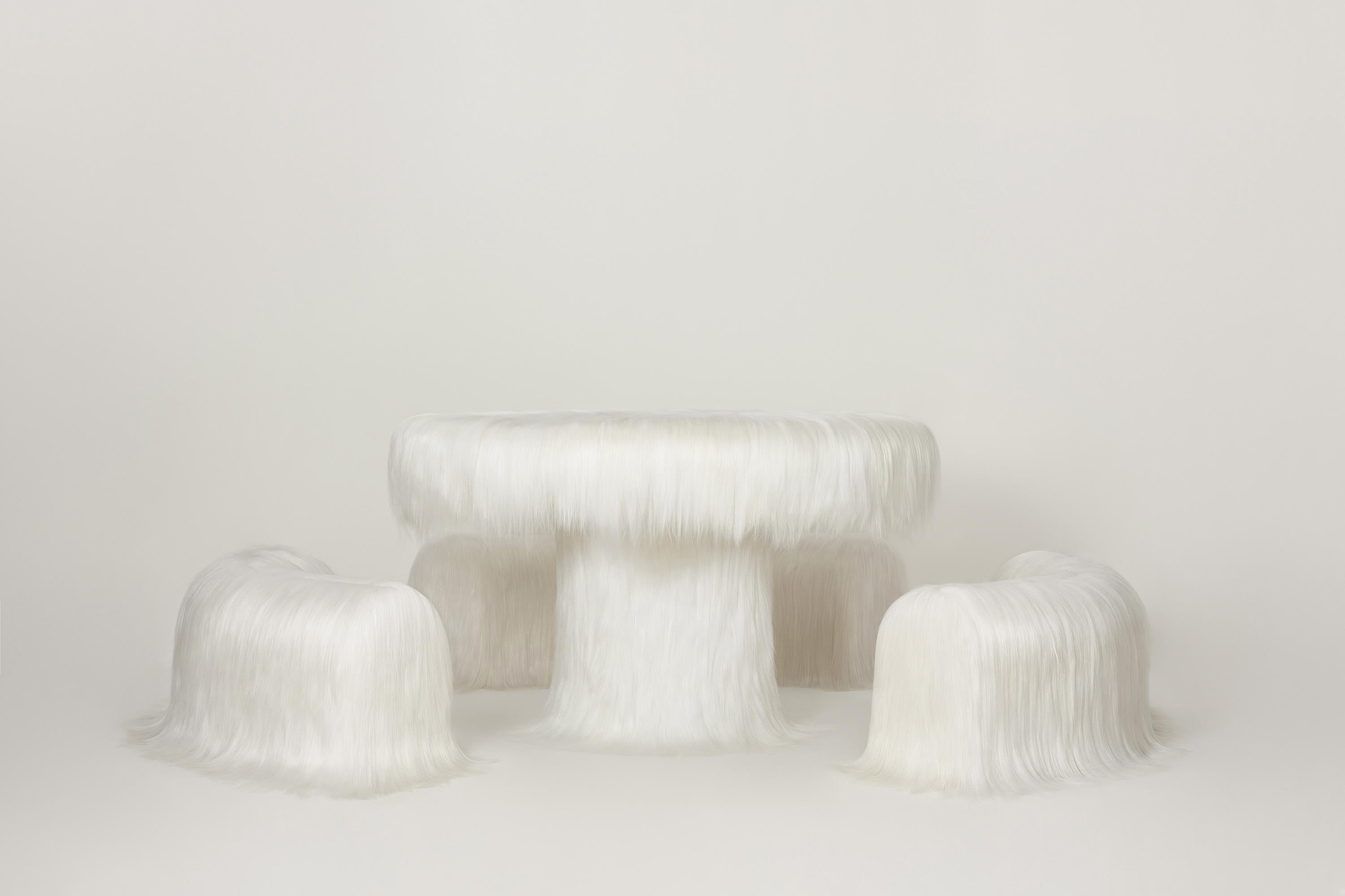 European White Raw Table with Furry Goatskin Offcuts by Atelier V&F For Sale