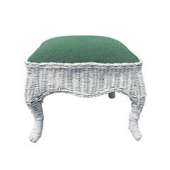 White Rectangular Low Wicker Upholstered Foot Stool in White and Green