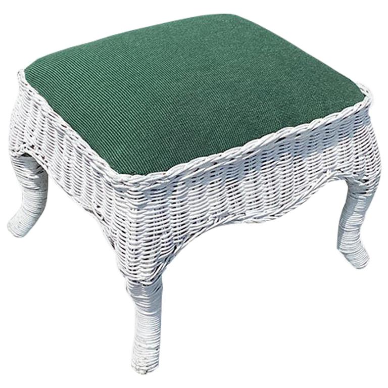 White Rectangular Low Wicker Upholstered Foot Stool in White and