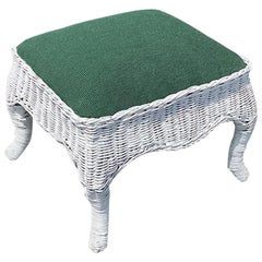 White Rectangular Low Wicker Upholstered Foot Stool in White and Green