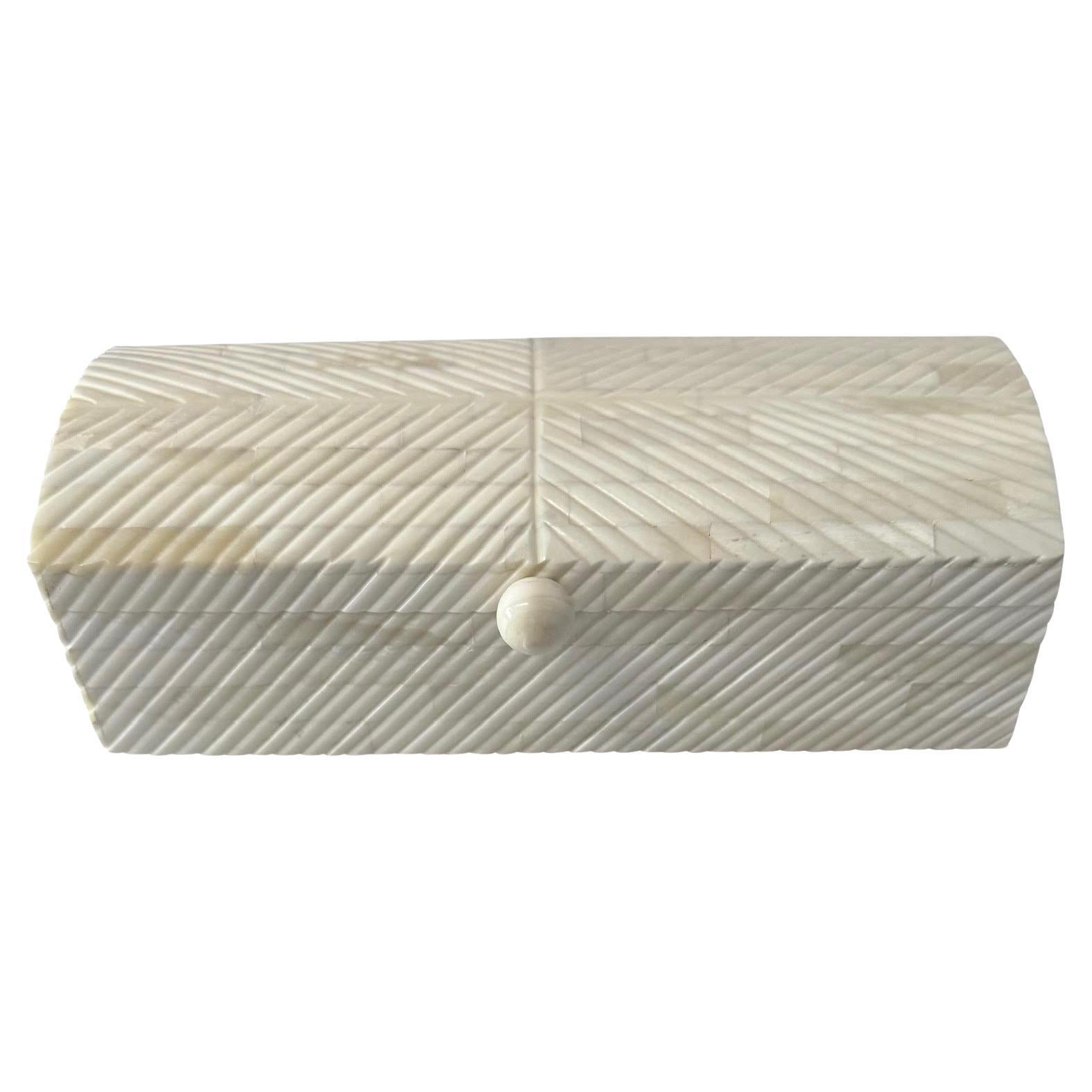 White Rectangular Shaped Ribbed Lidded Bone Box, India, Contemporary