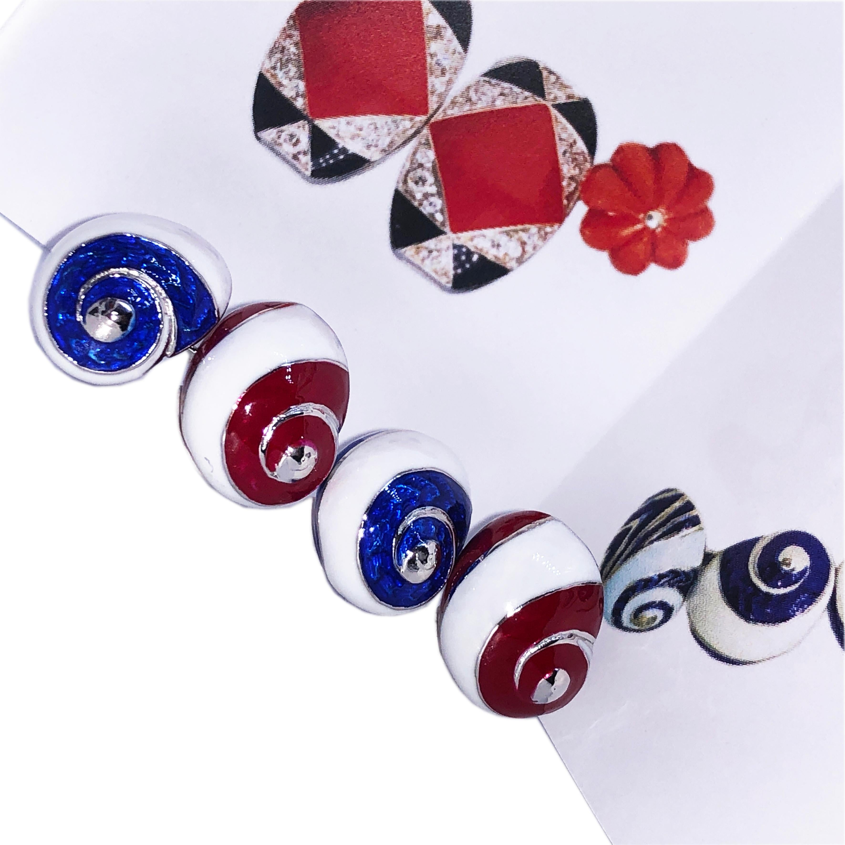 Berca White Red Blue Hand Enameled Seashell Shaped Sterling Silver Cufflinks 7