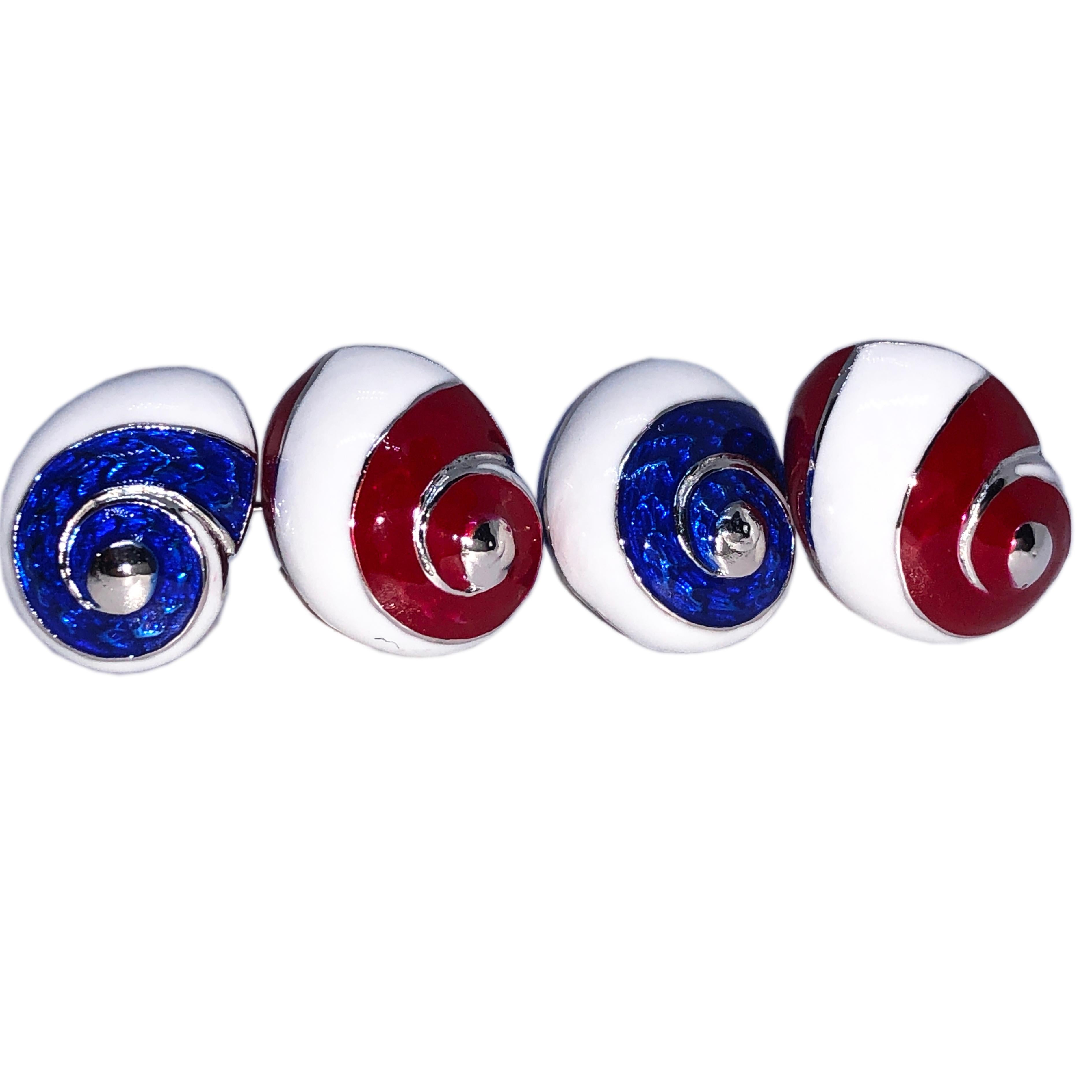 Berca White Red Blue Hand Enameled Seashell Shaped Sterling Silver Cufflinks 8