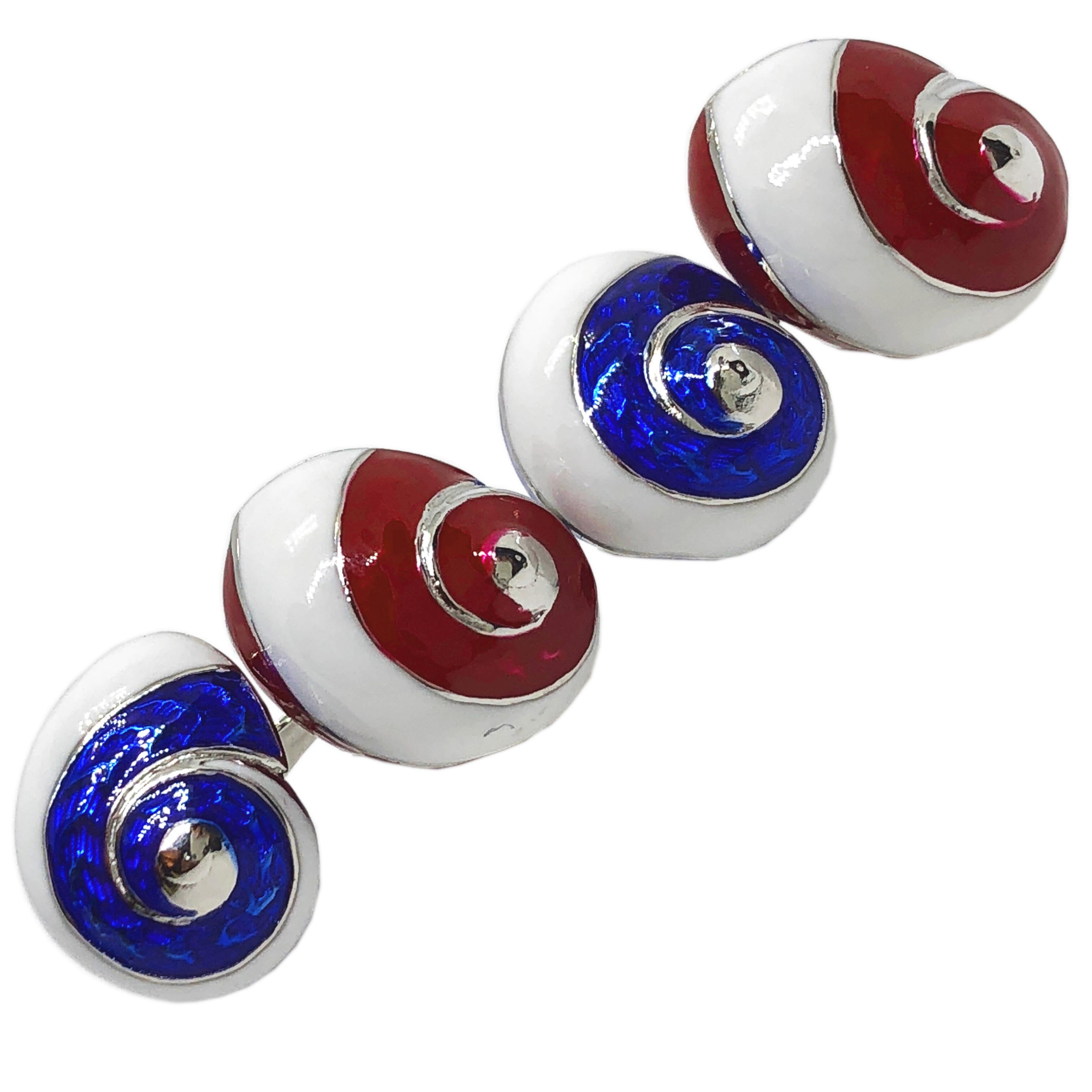 Contemporary Berca White Red Blue Hand Enameled Seashell Shaped Sterling Silver Cufflinks