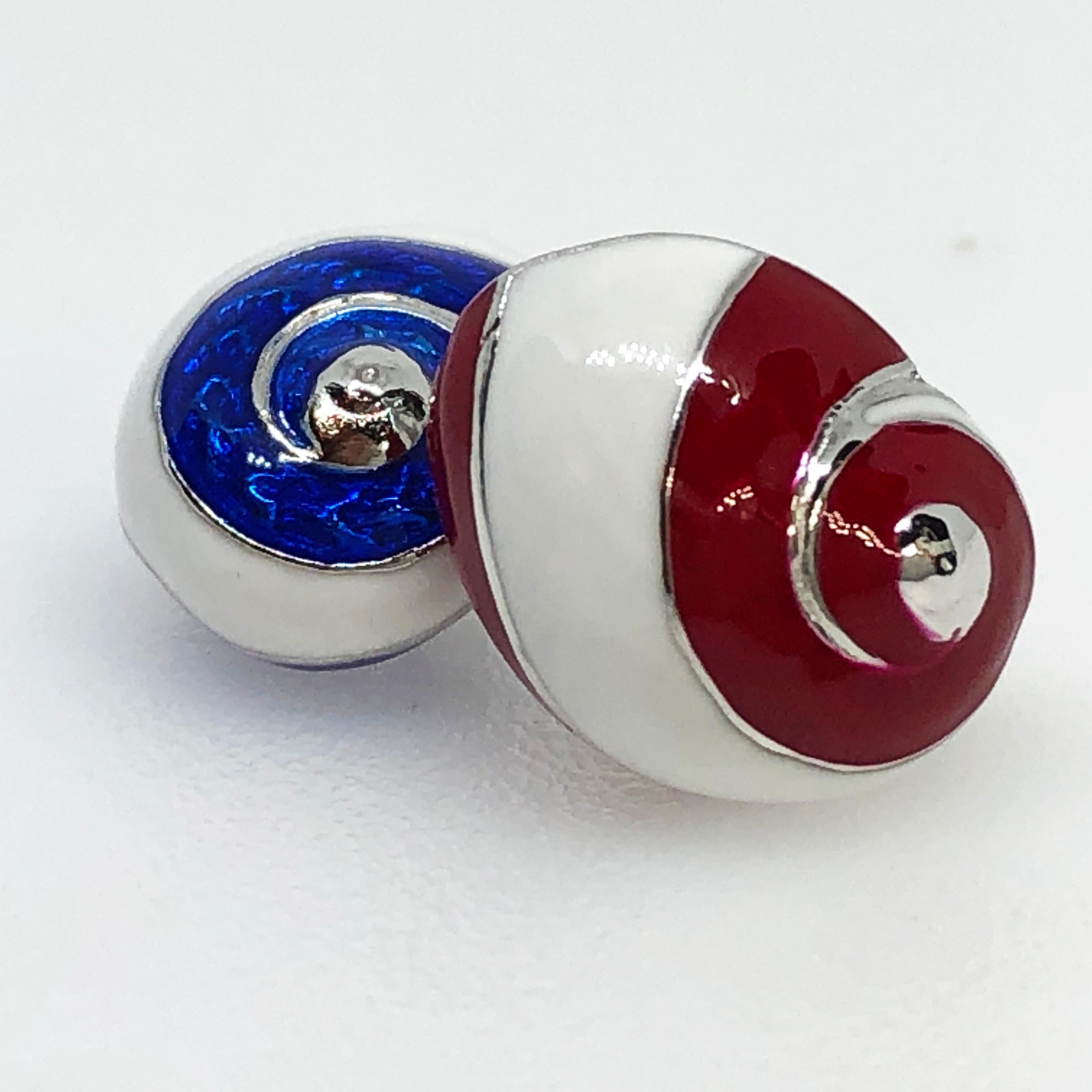 Berca White Red Blue Hand Enameled Seashell Shaped Sterling Silver Cufflinks 1