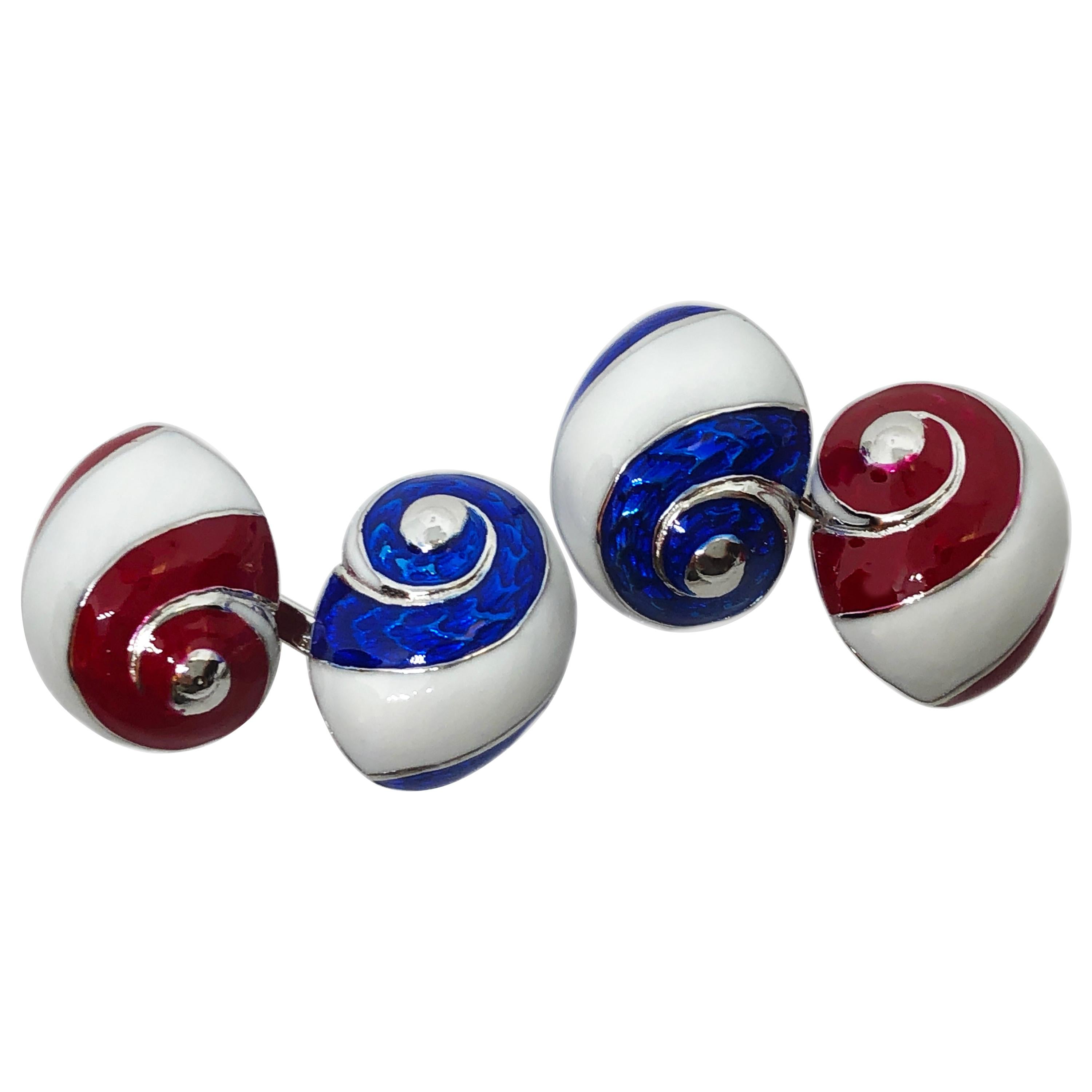 Berca White Red Blue Hand Enameled Seashell Shaped Sterling Silver Cufflinks