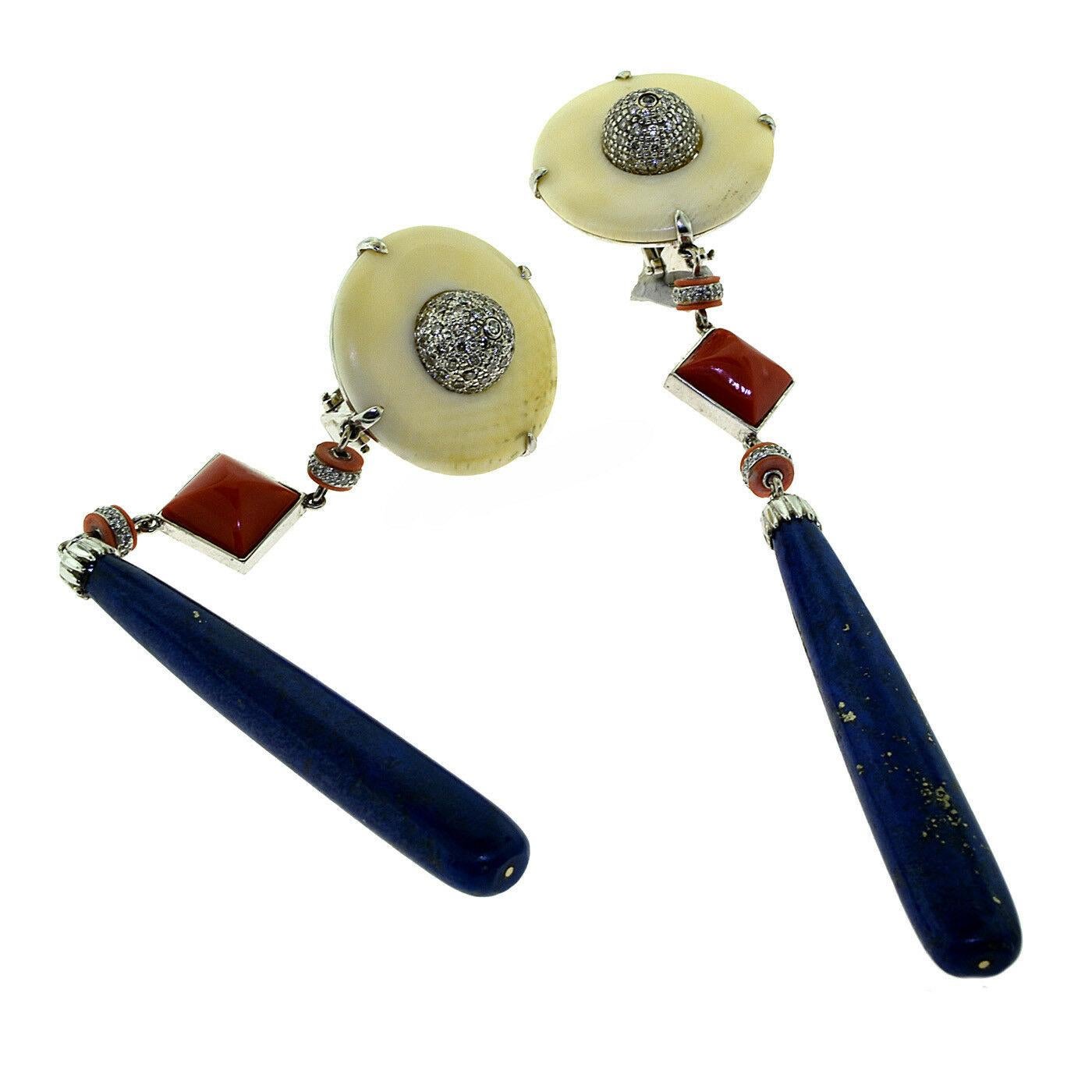 White and Red Coral Diamond, and Lapis Lazuli Drop Dangle Earrings in White Gold In Good Condition In Miami, FL