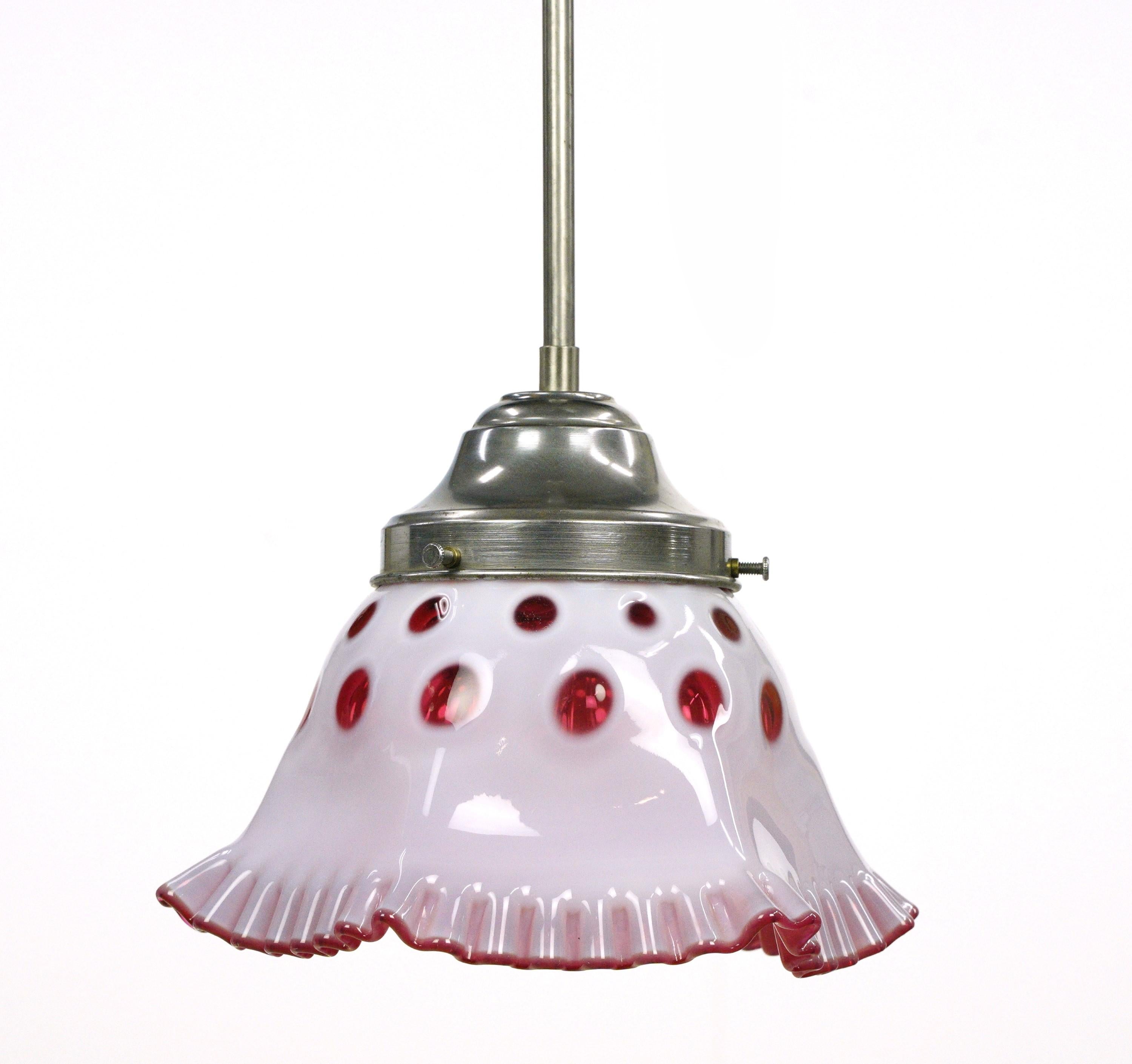 American White & Red Glass Pendant Light with Original Hardware For Sale