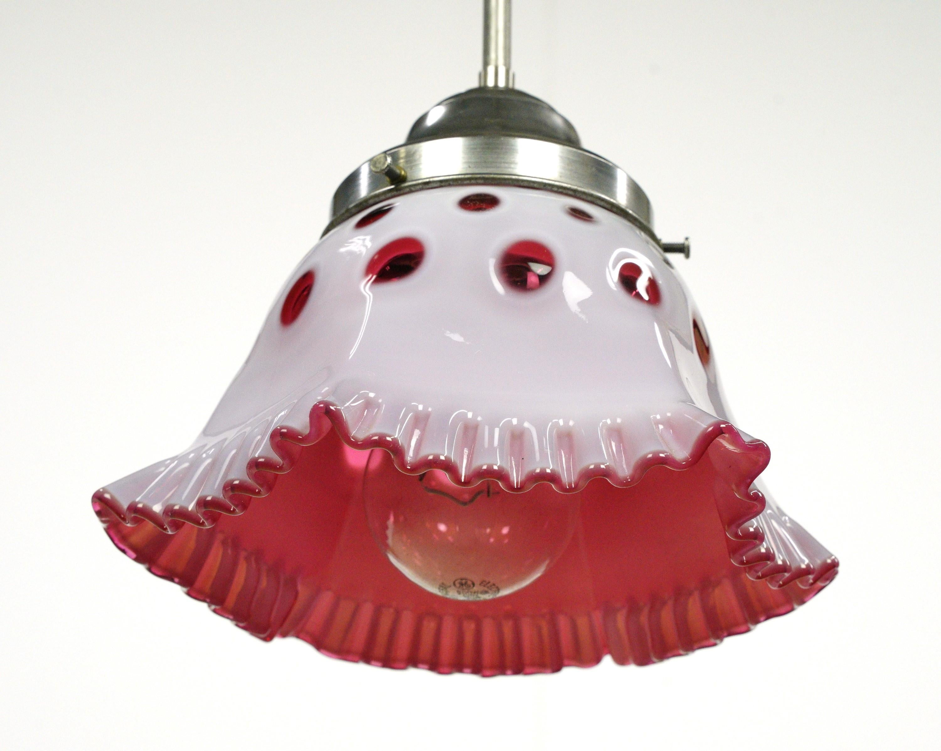 White & Red Glass Pendant Light with Original Hardware In Good Condition For Sale In New York, NY