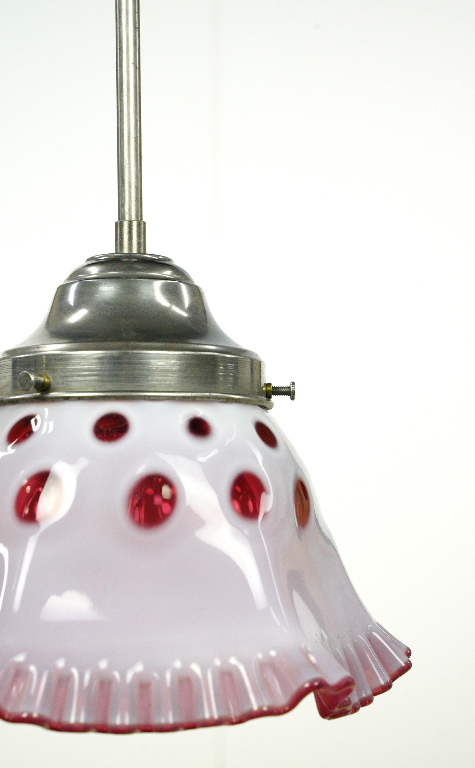 20th Century White & Red Glass Pendant Light with Original Hardware For Sale