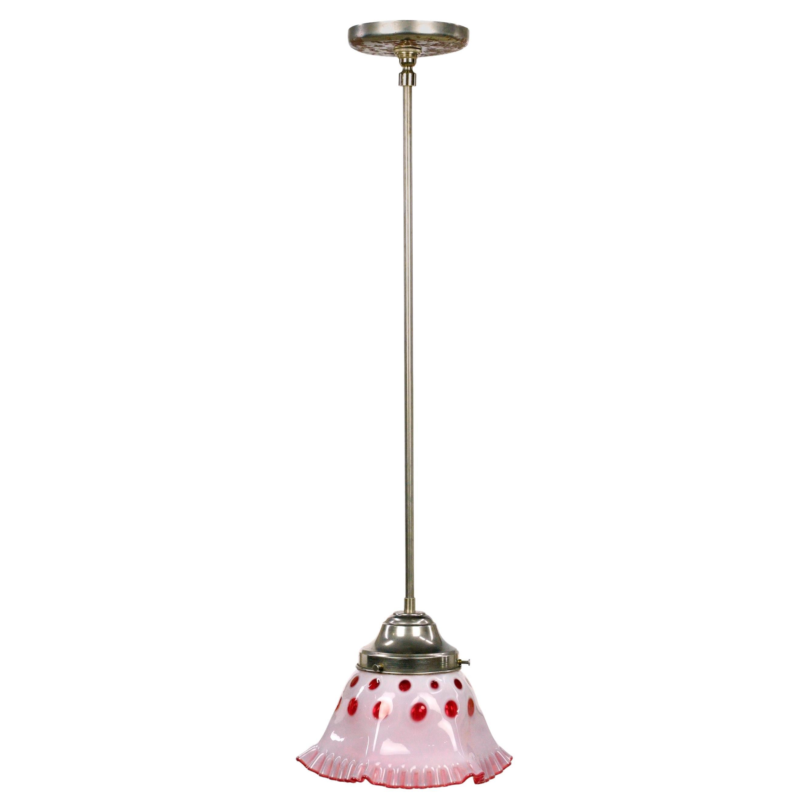 White & Red Glass Pendant Light with Original Hardware For Sale