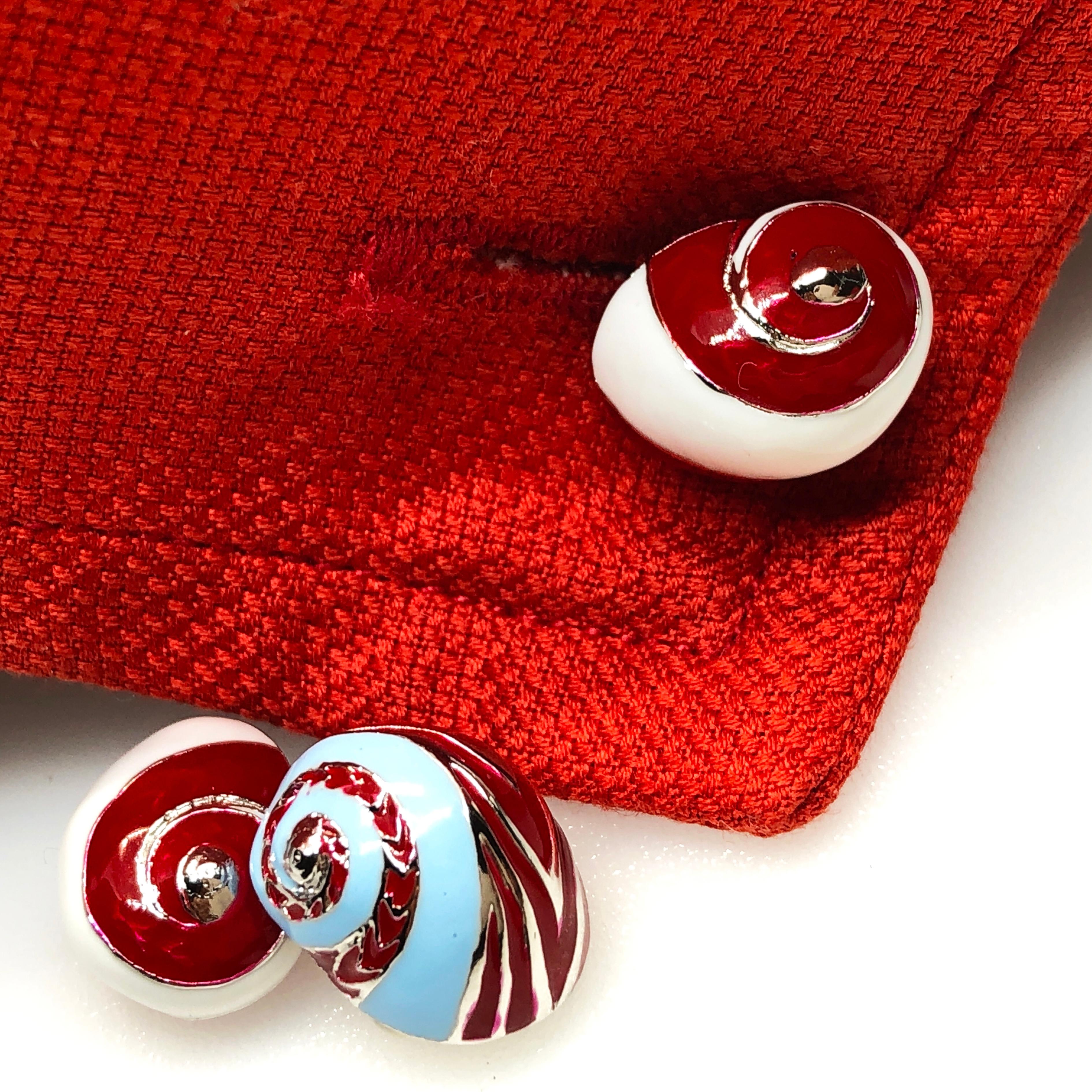 Berca White Red Light Blue Enameled Seashell Shaped Sterling Silver Cufflinks 7