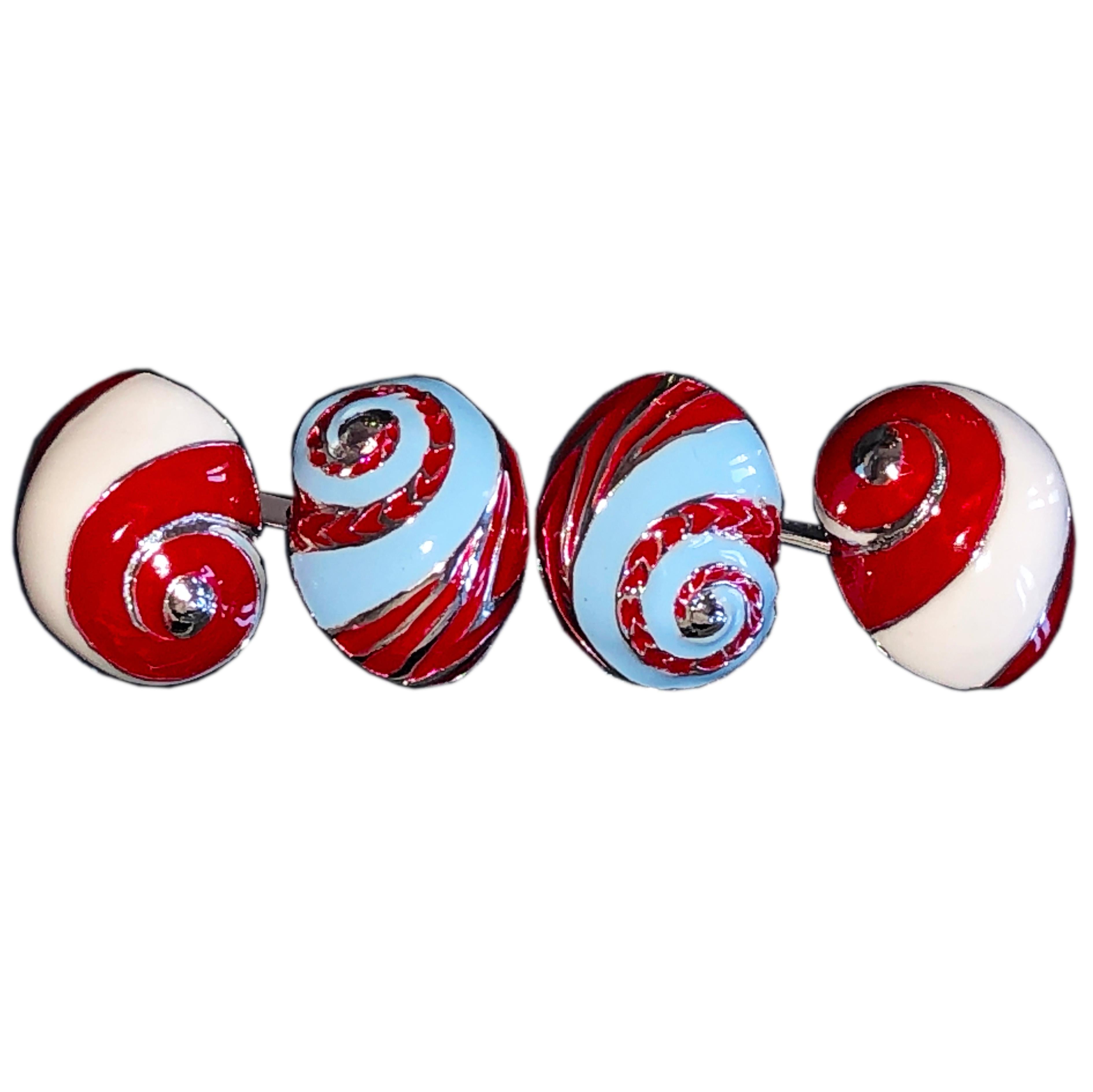 Contemporary Berca White Red Light Blue Enameled Seashell Shaped Sterling Silver Cufflinks