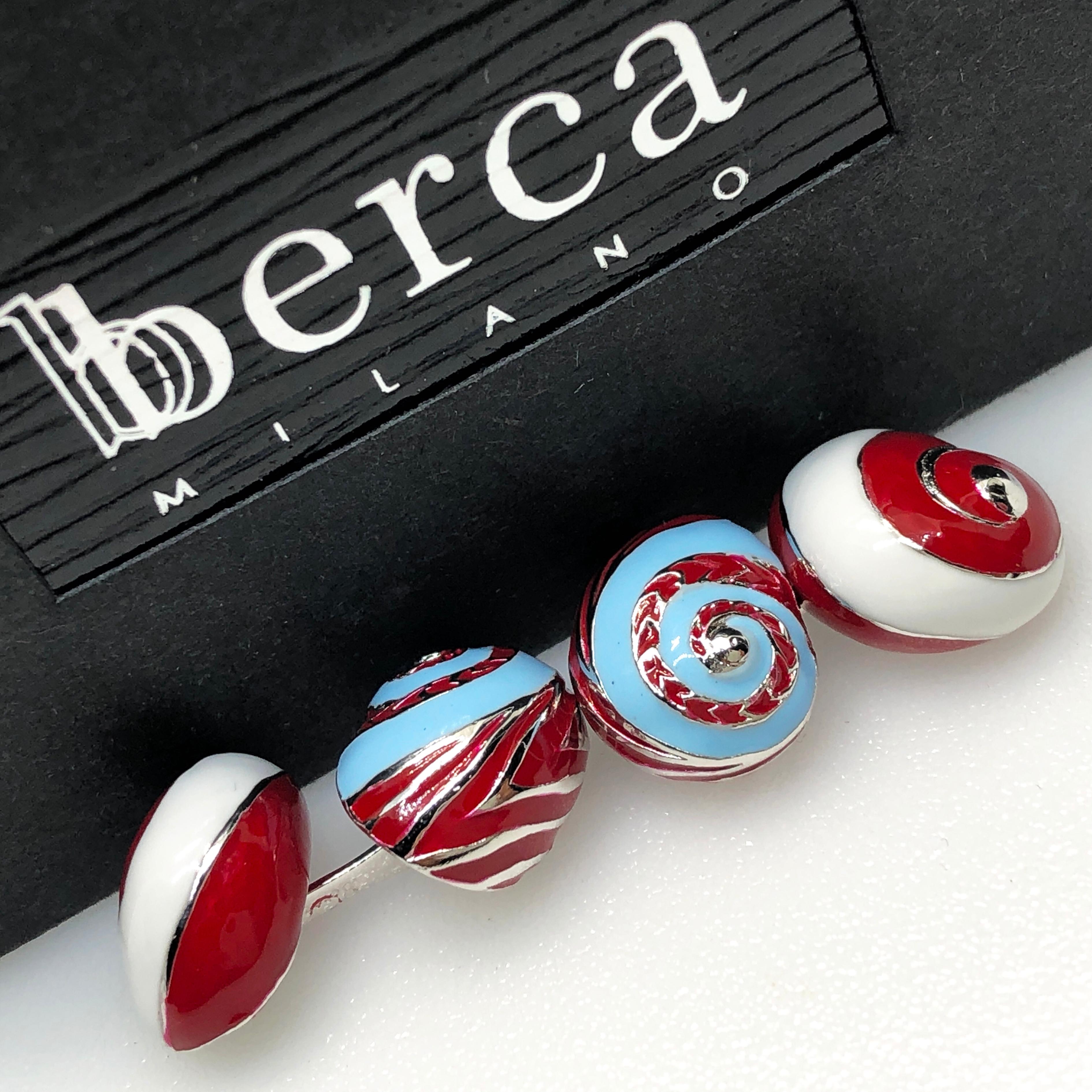 Berca White Red Light Blue Enameled Seashell Shaped Sterling Silver Cufflinks In New Condition In Valenza, IT