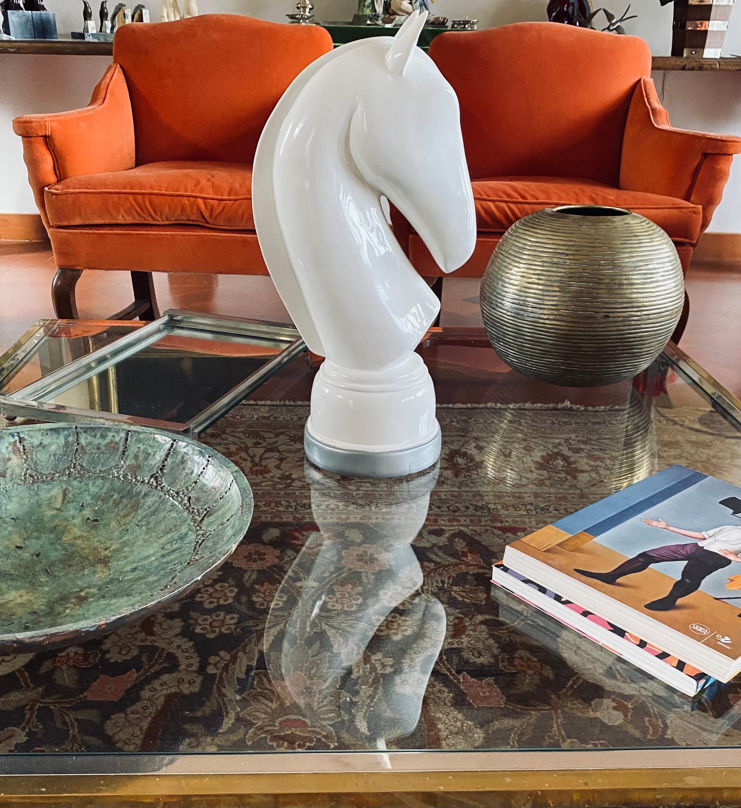 Italian White resin chess horse sculpture, Italy 1970s For Sale