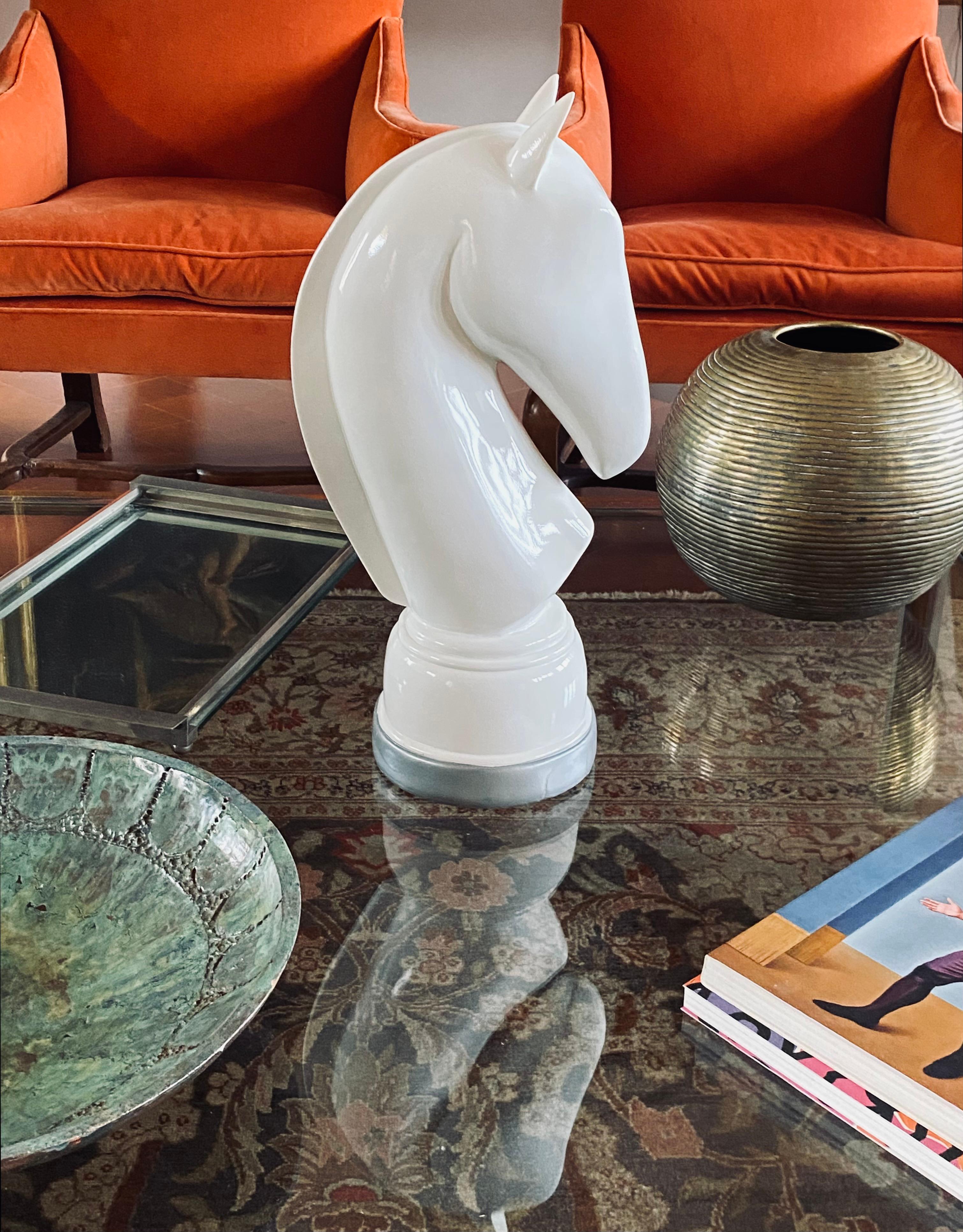 Late 20th Century White resin chess horse sculpture, Italy 1970s For Sale