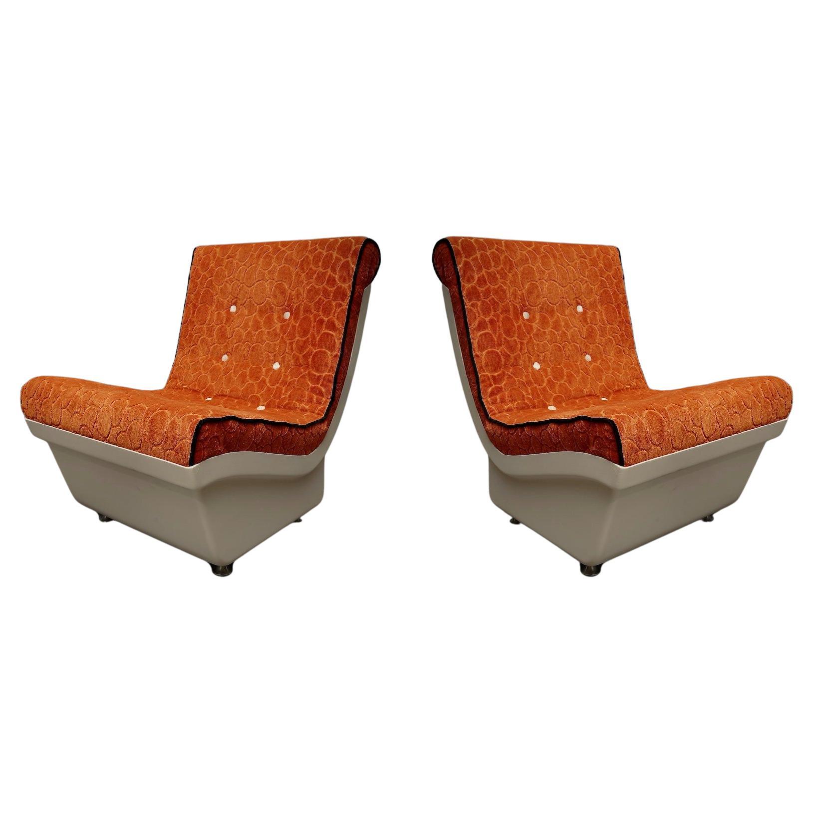 White Resin Plastic and Orange Velvet Club Chairs Armchairs, 1960 For Sale