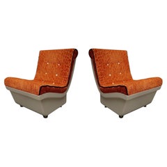 White Resin Plastic and Orange Velvet Club Chairs Armchairs, 1960