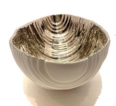 White Ribbed Exterior, Platinum Interior, Porcelain Bowl, Italy, Contemporary