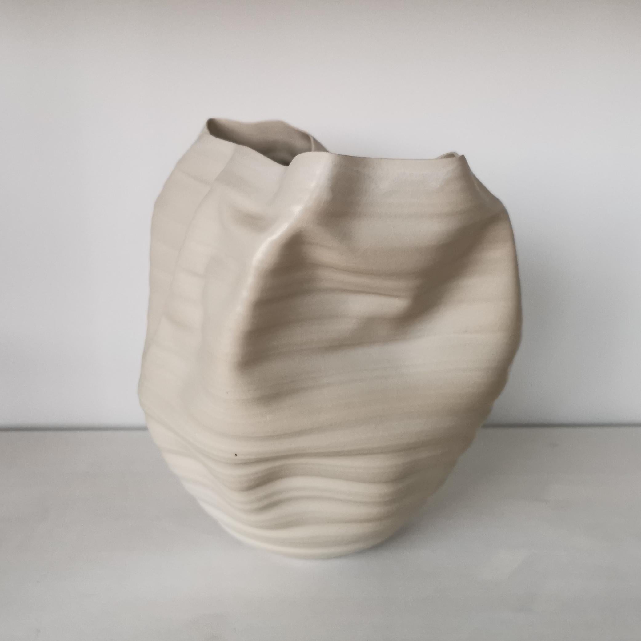 Organic Modern White Ribbed Undulating Form V2, Ceramic Sculpture, Objet D'art