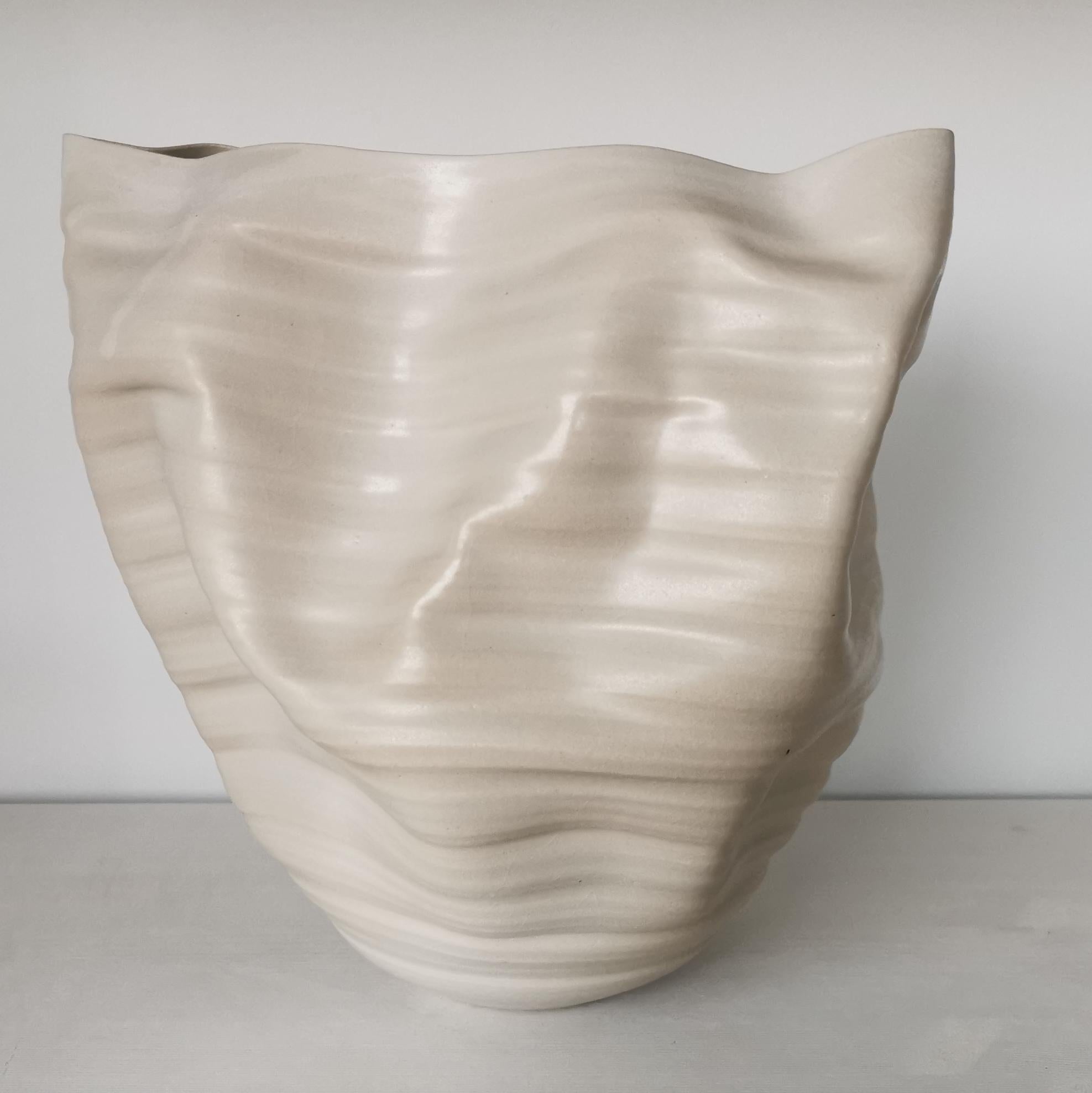 Spanish White Ribbed Undulating Form V2, Ceramic Sculpture, Objet D'art