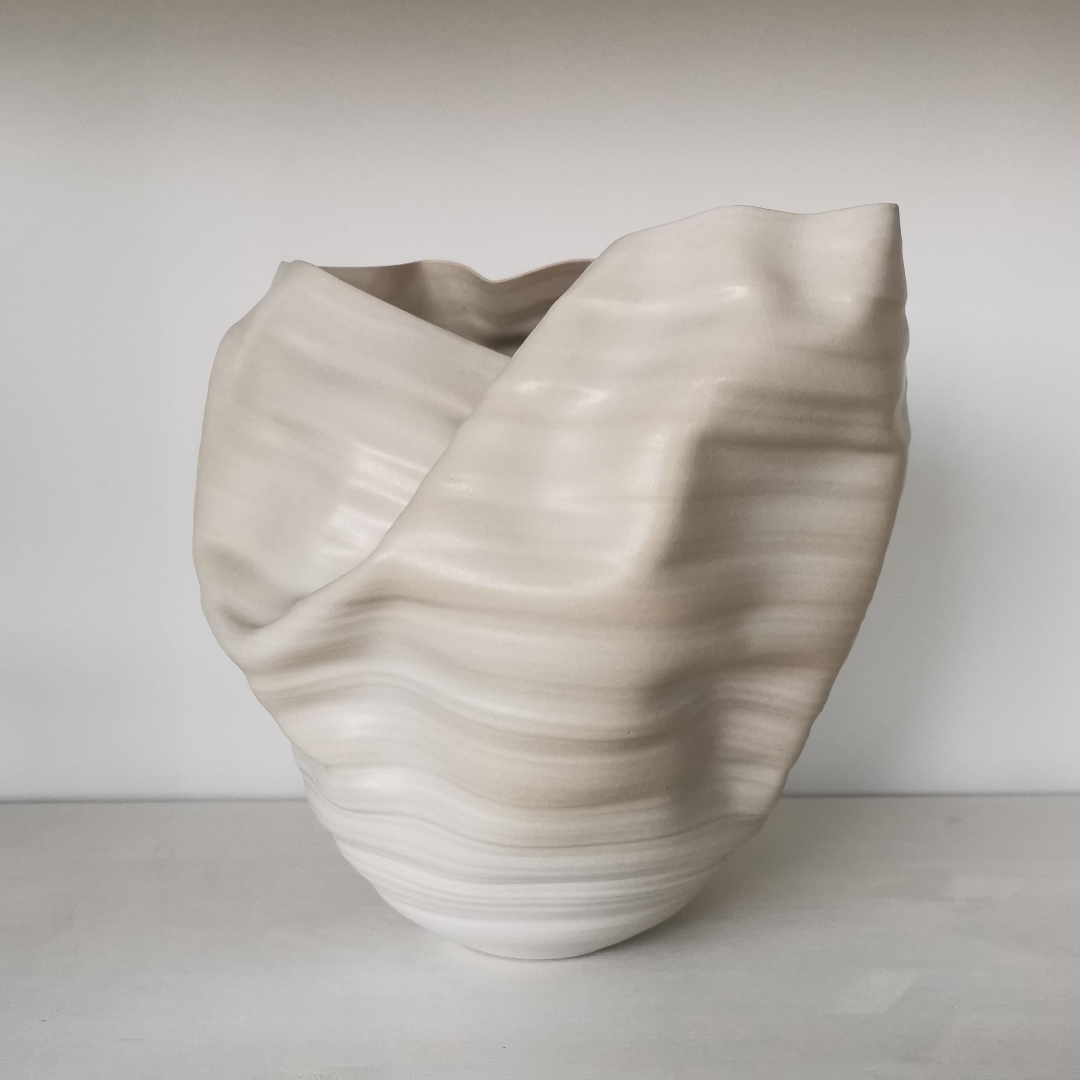 Contemporary White Ribbed Undulating Form V2, Ceramic Sculpture, Objet D'art