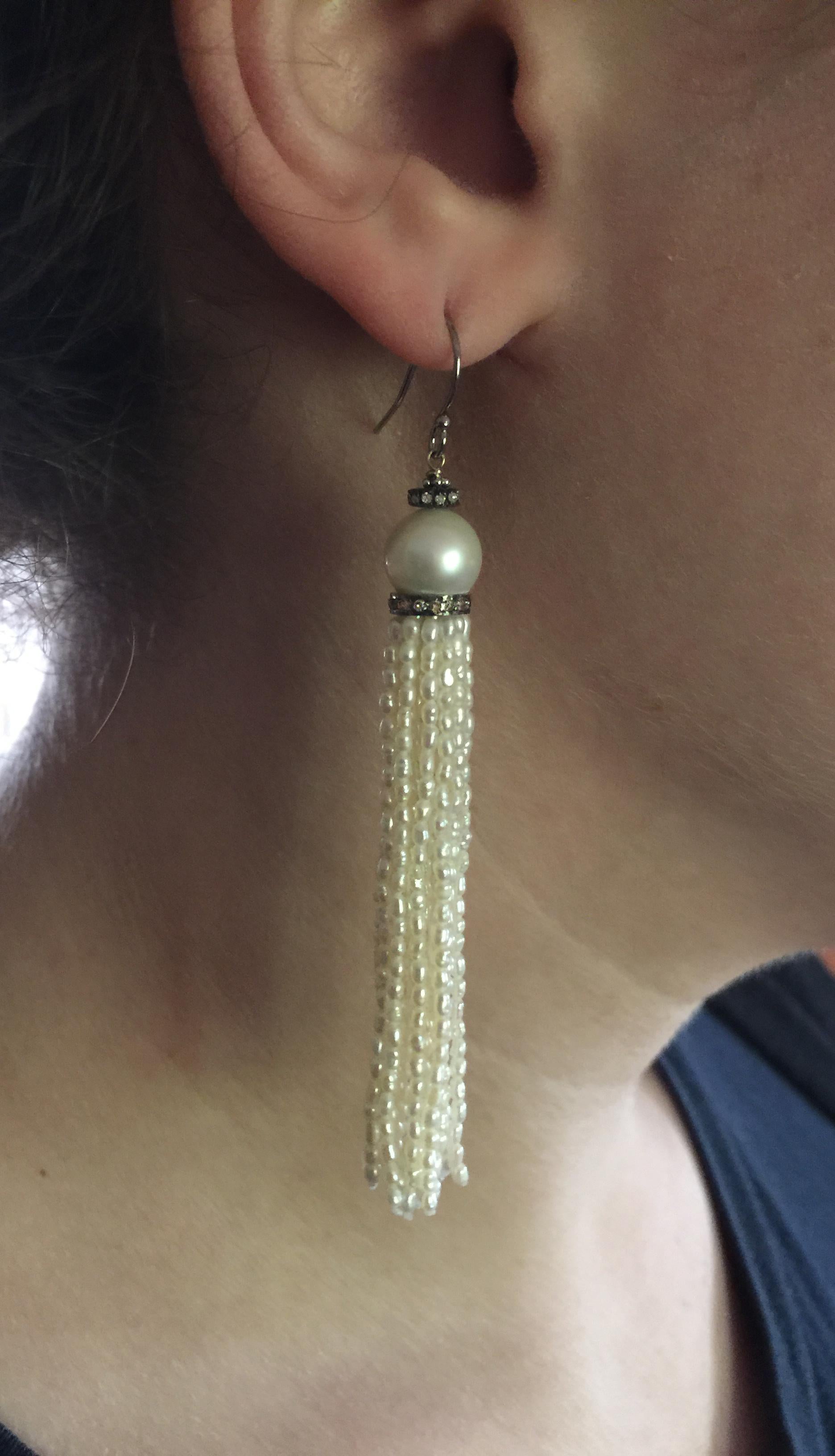 Bead Marina J White Rice Pearl Tassel Earrings with Diamonds and 14 K White Gold 