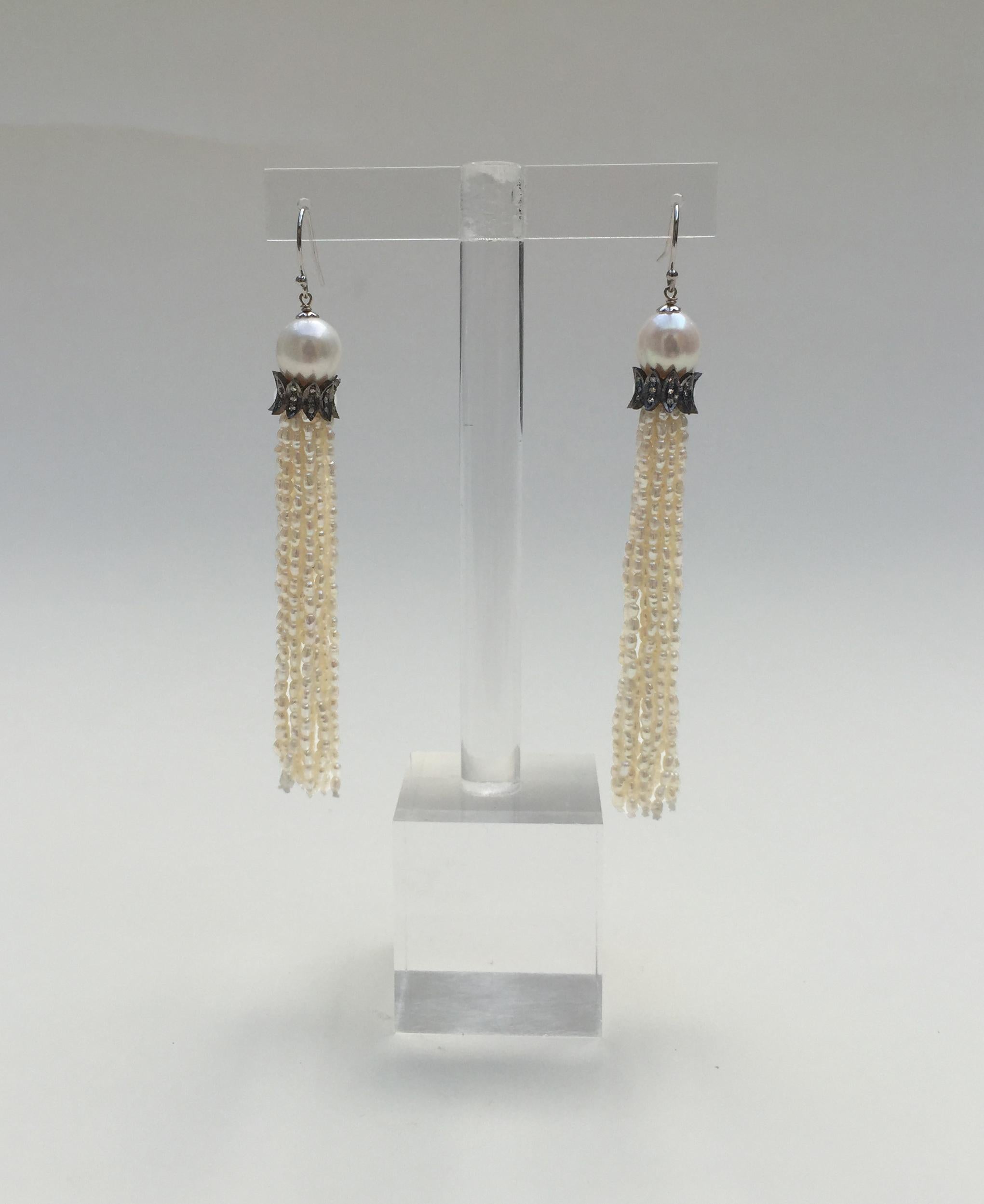 Artist Marina J White Pearl Tassel Earrings with Diamonds and 14 K White Gold Hooks For Sale