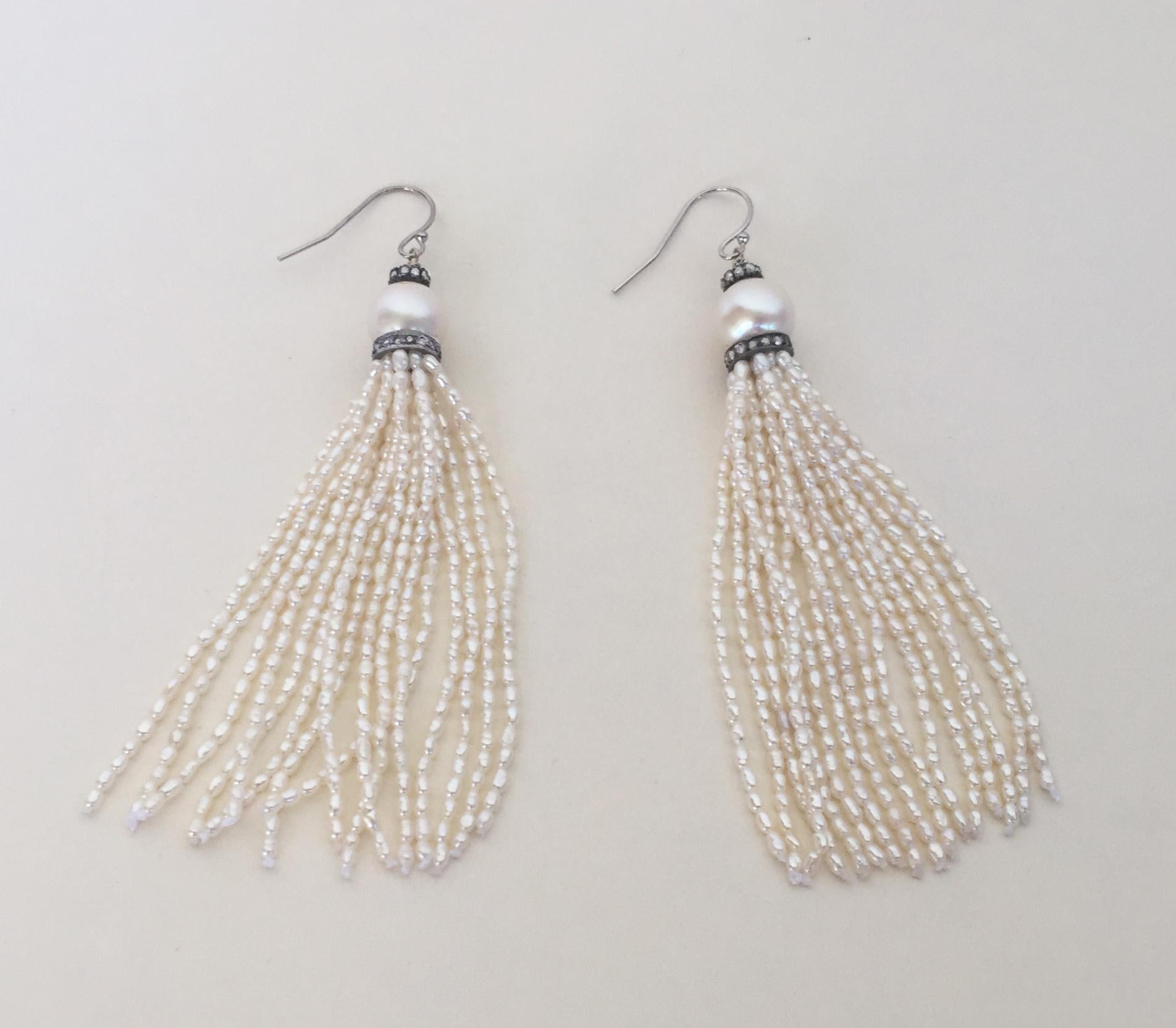 Artist Marina J White Rice Pearl Tassel Earrings with Diamonds and 14 K White Gold 