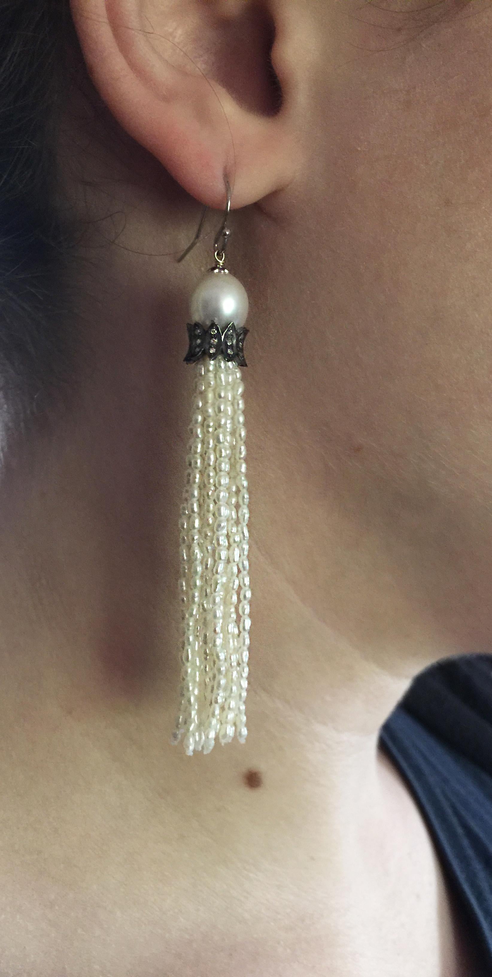 Bead Marina J White Pearl Tassel Earrings with Diamonds and 14 K White Gold Hooks For Sale