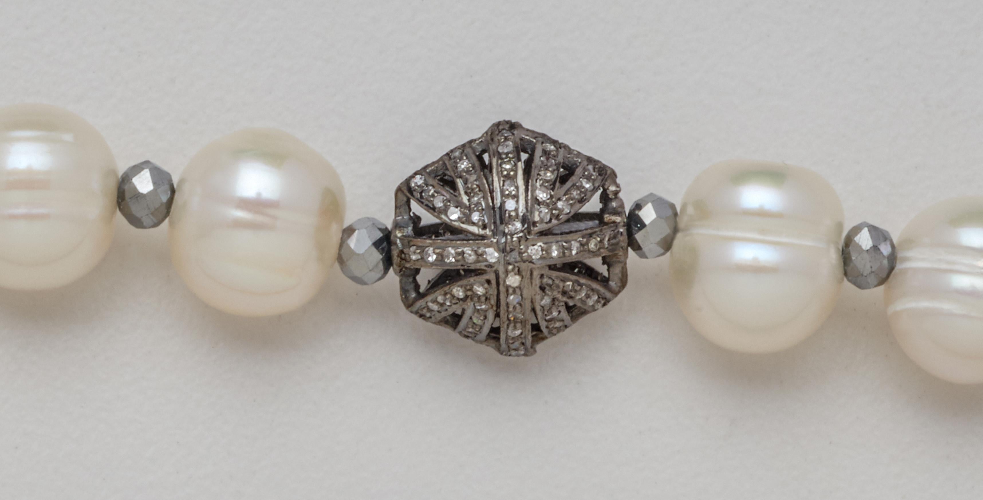 Artisan White Ringed Akoya Pearl Necklace w Hematite Beads & Diamond & Sterling Clasp