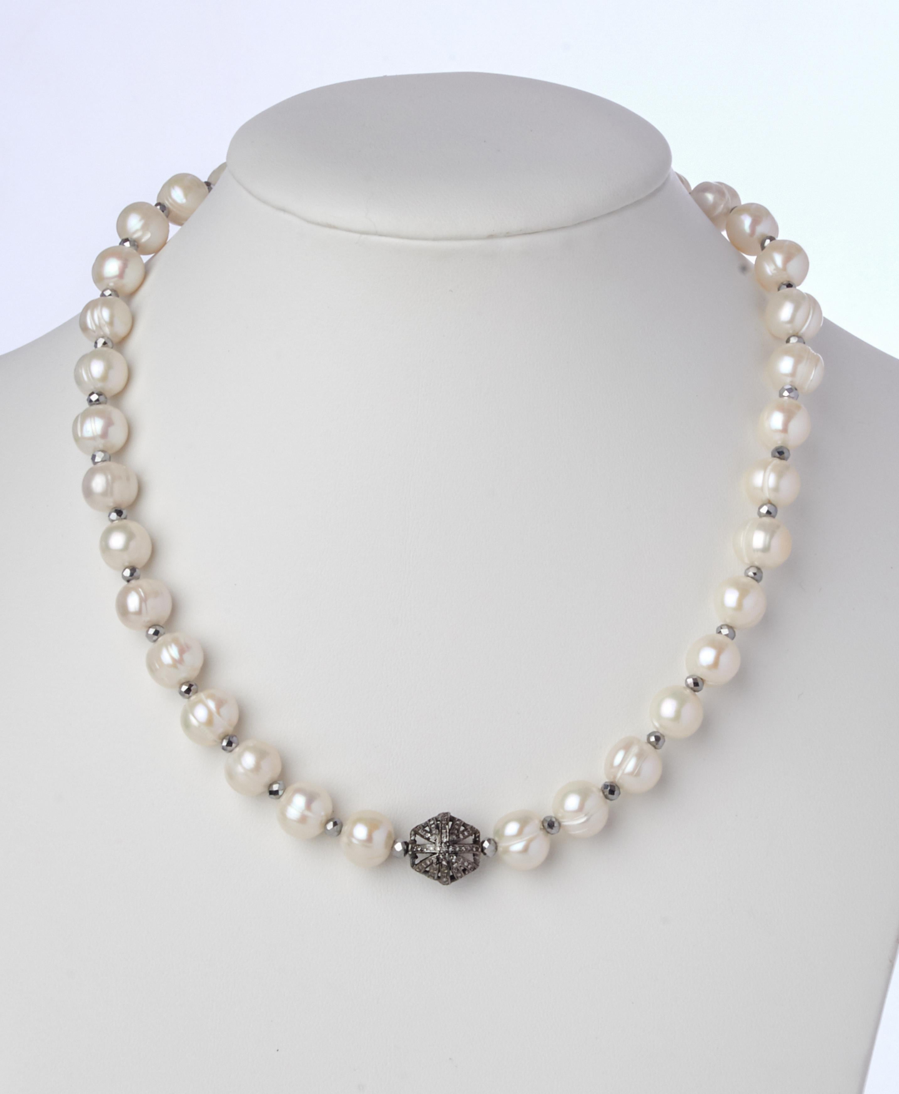 White Ringed Akoya Pearl Necklace w Hematite Beads & Diamond & Sterling Clasp In New Condition In Mount Kisco, NY
