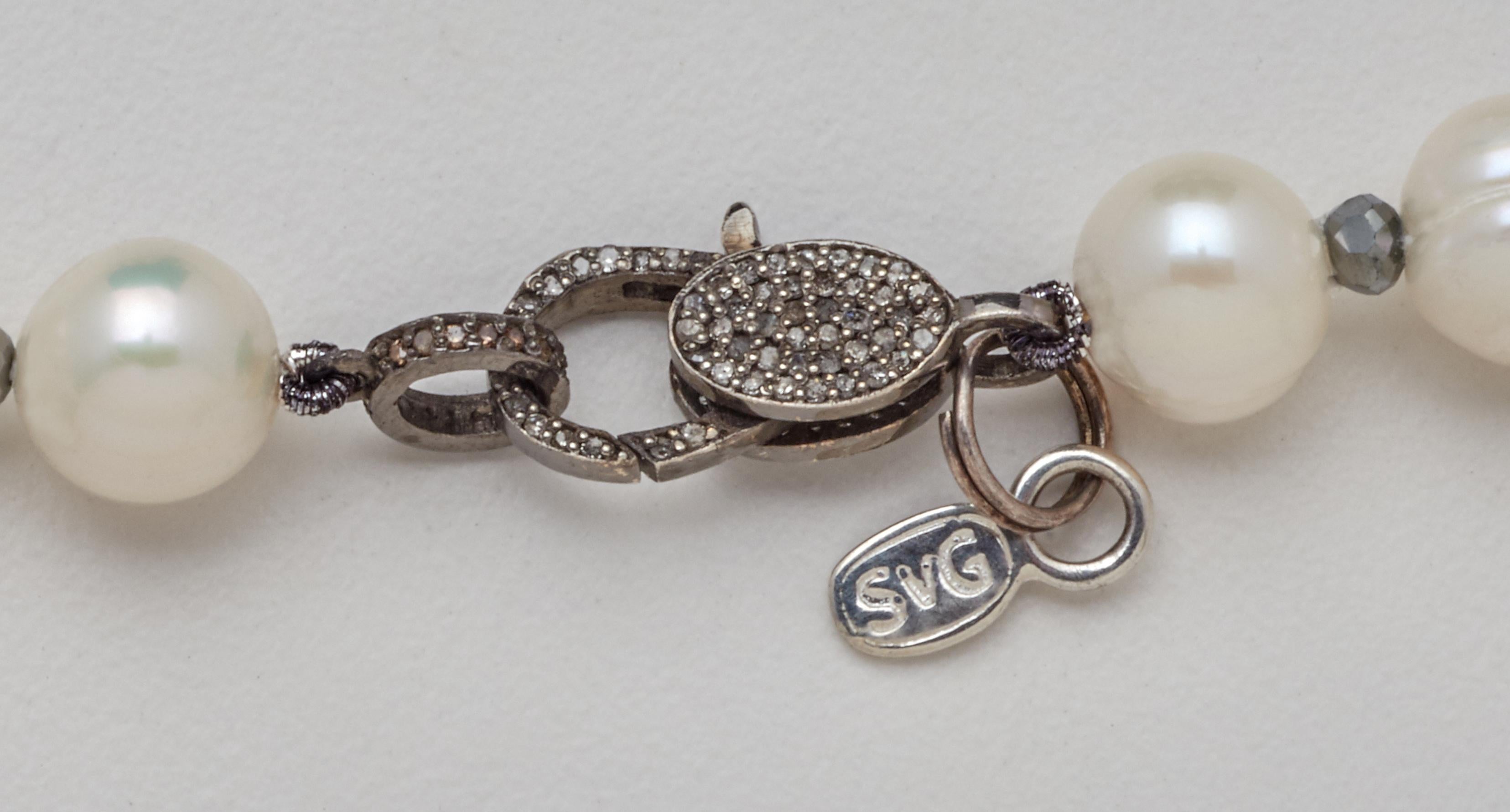 Women's White Ringed Akoya Pearl Necklace w Hematite Beads & Diamond & Sterling Clasp