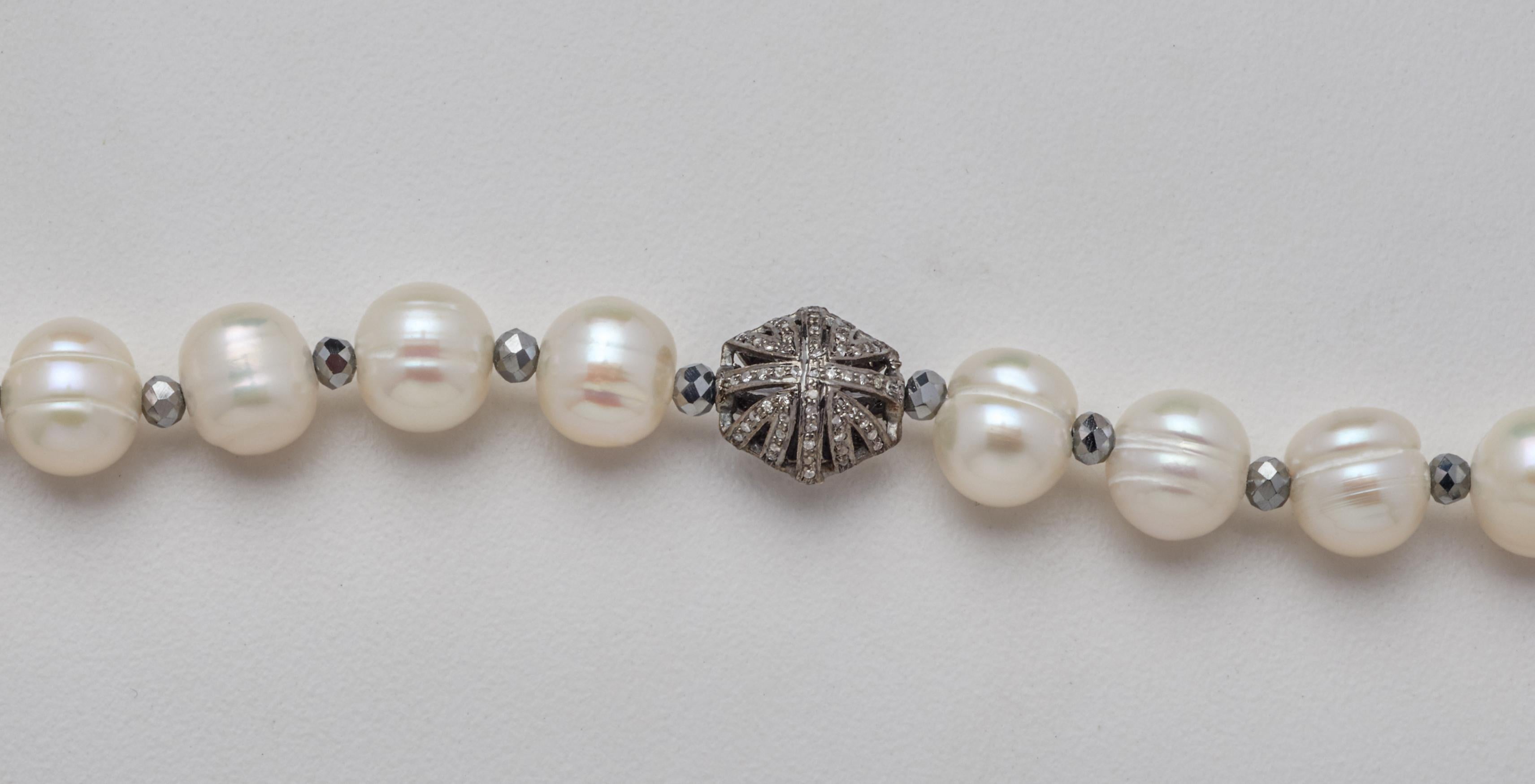 White Ringed Akoya Pearl Necklace w Hematite Beads & Diamond & Sterling Clasp 1