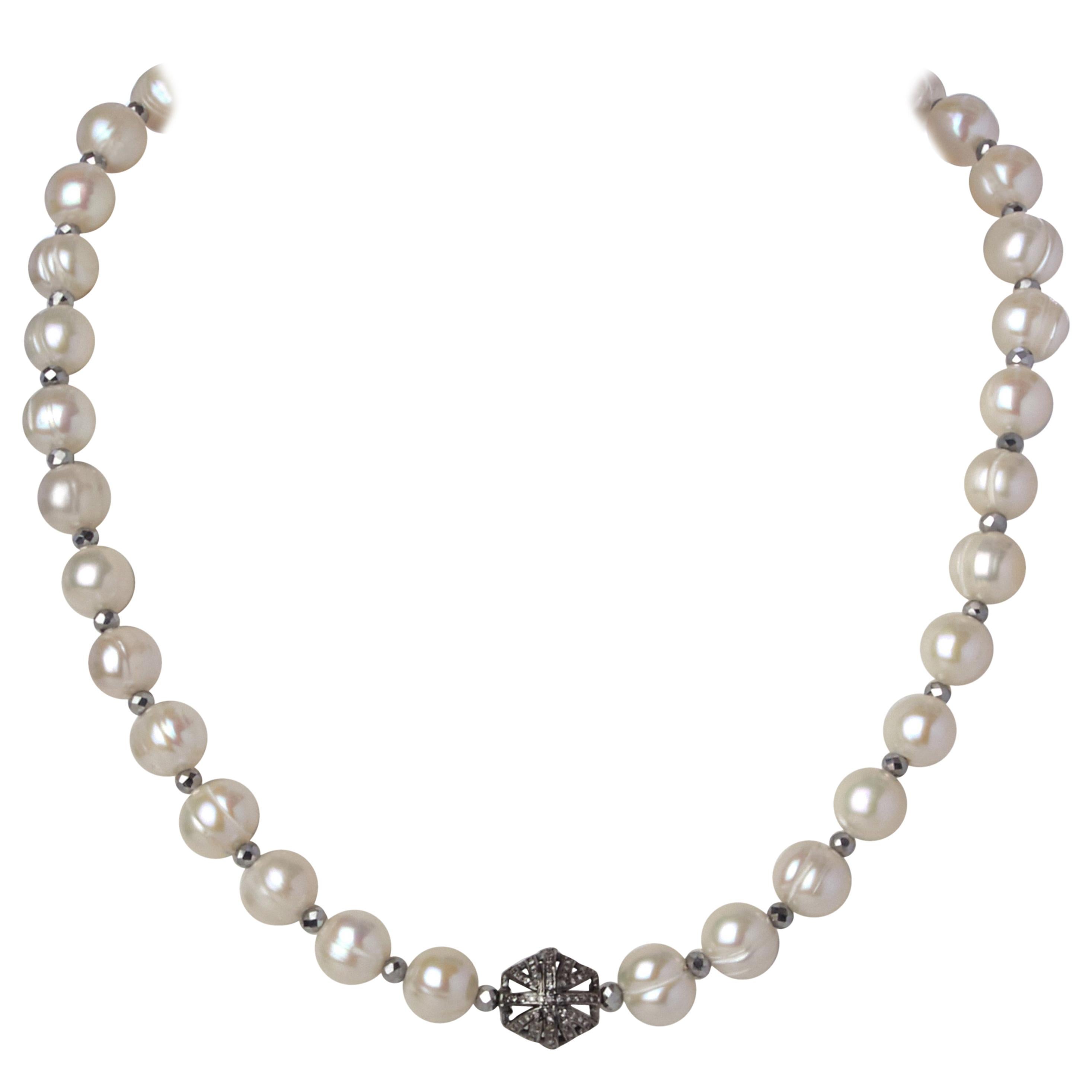 White Ringed Akoya Pearl Necklace w Hematite Beads & Diamond & Sterling Clasp