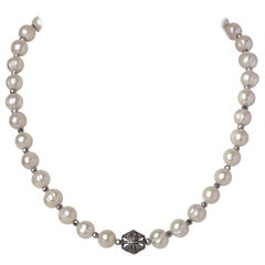 White Ringed Akoya Pearl Necklace w Hematite Beads & Diamond & Sterling Clasp